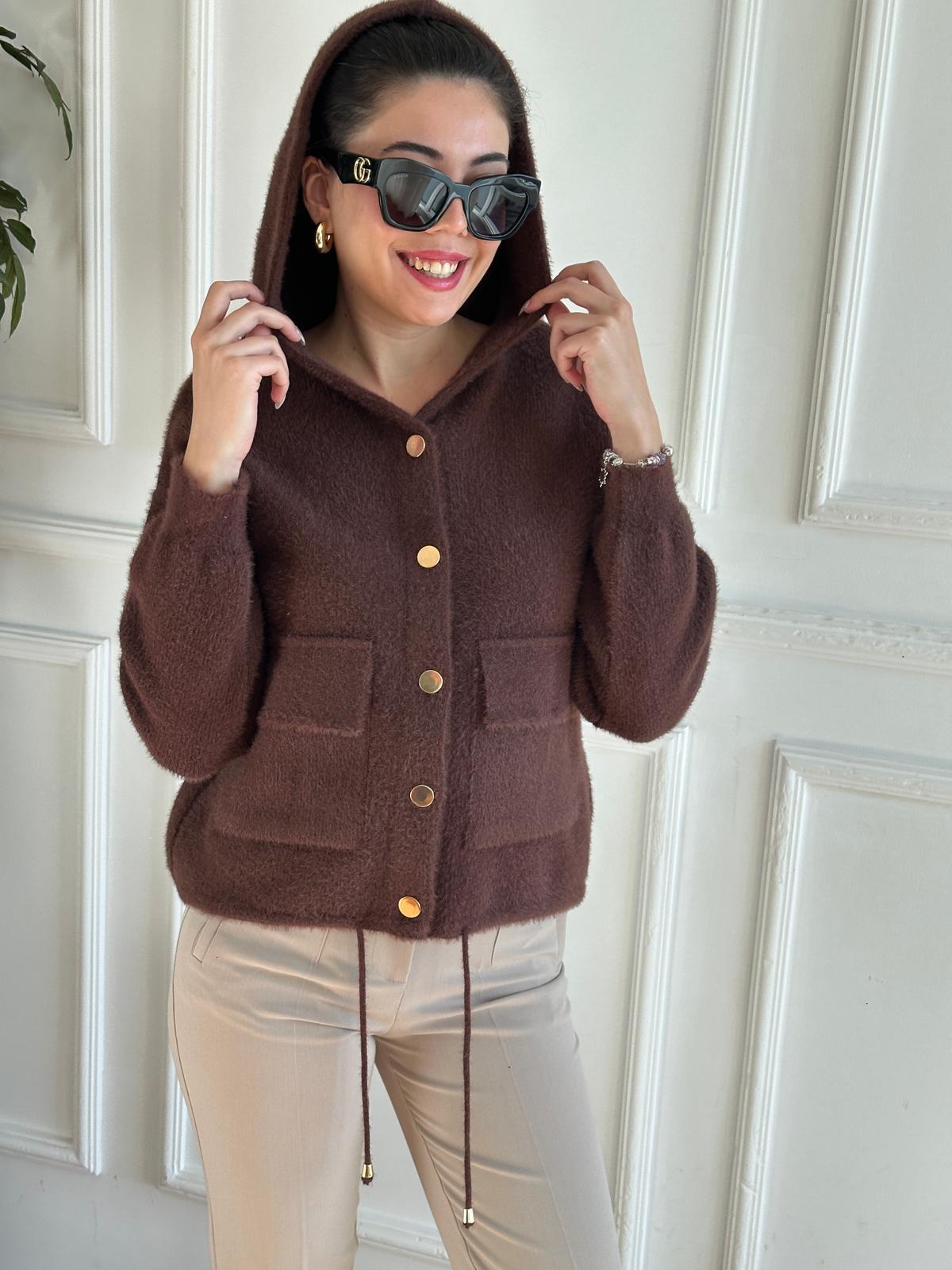 Kapşonlu Triko Hırka 24400 Koyu Kahve