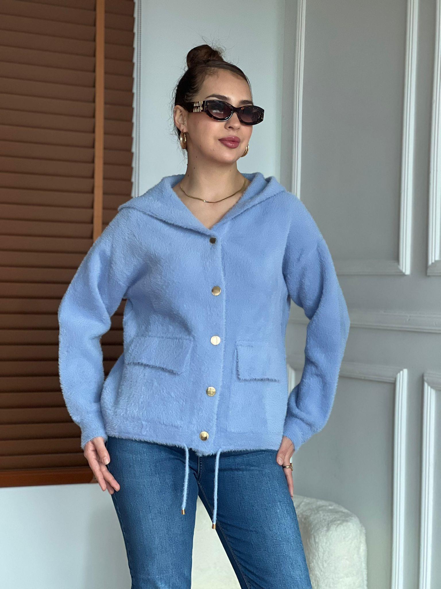 Kapşonlu Triko Hırka 24400 Mavi