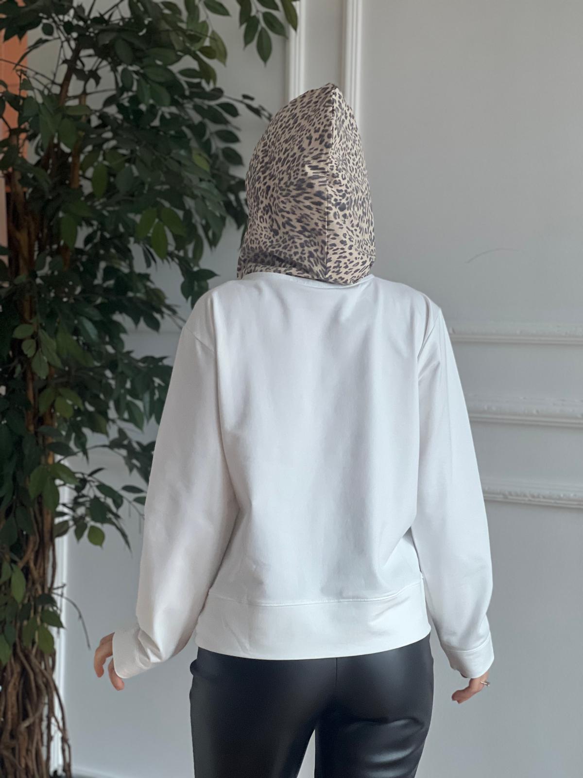 Kapşonu Leopar Desen Sweatshirt 28985 Ekru