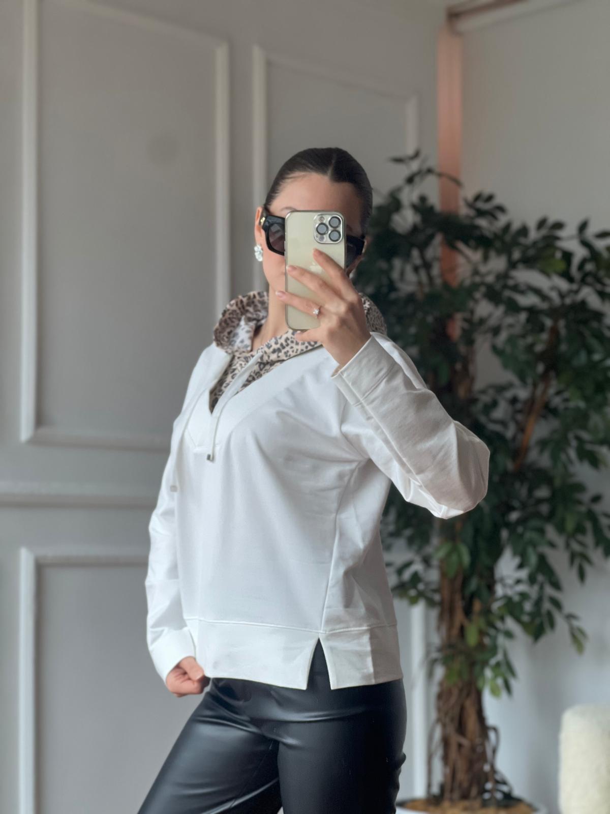 Kapşonu Leopar Desen Sweatshirt 28985 Ekru