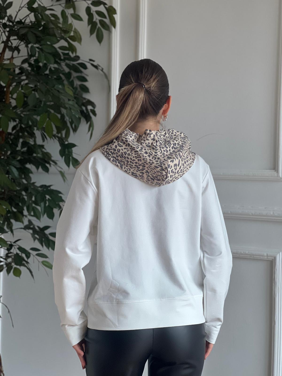 Kapşonu Leopar Desen Sweatshirt 28985 Ekru