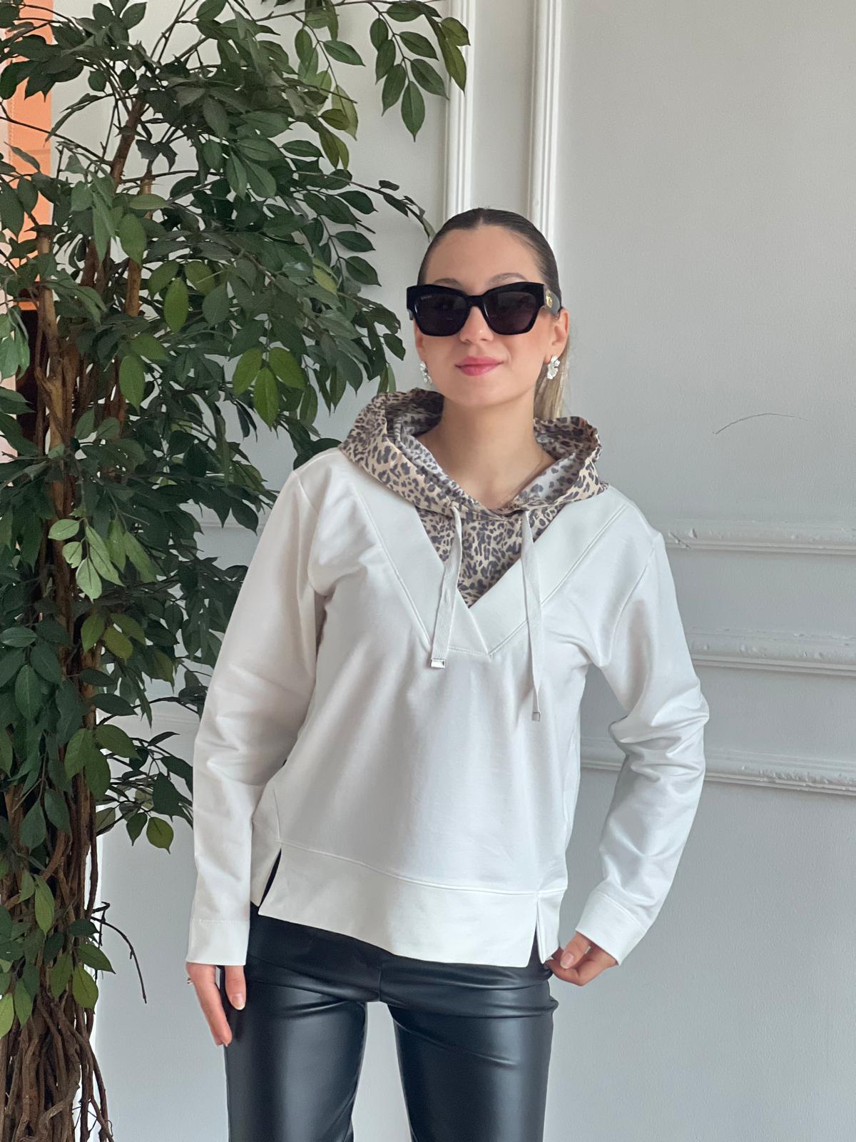 Kapşonu Leopar Desen Sweatshirt 28985 Ekru