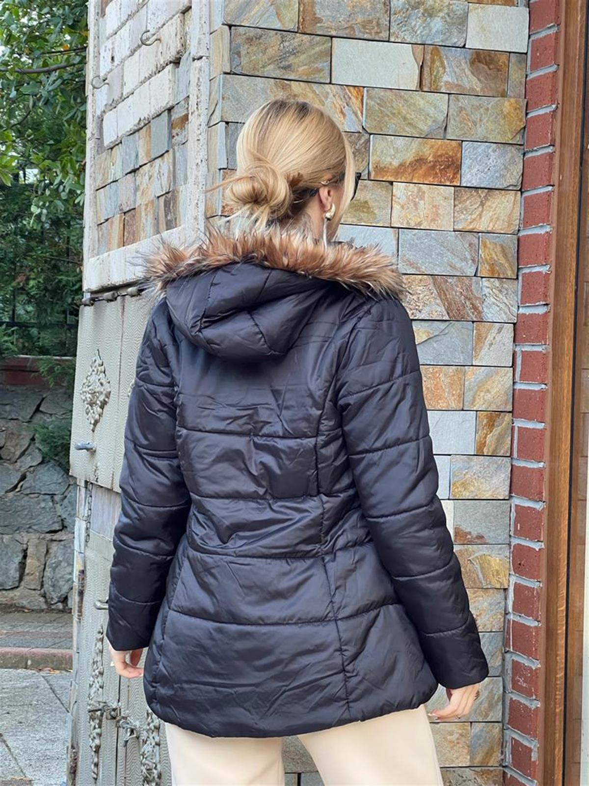 Kapüşonu Tüylü Şişme Mont 5065 Siyah