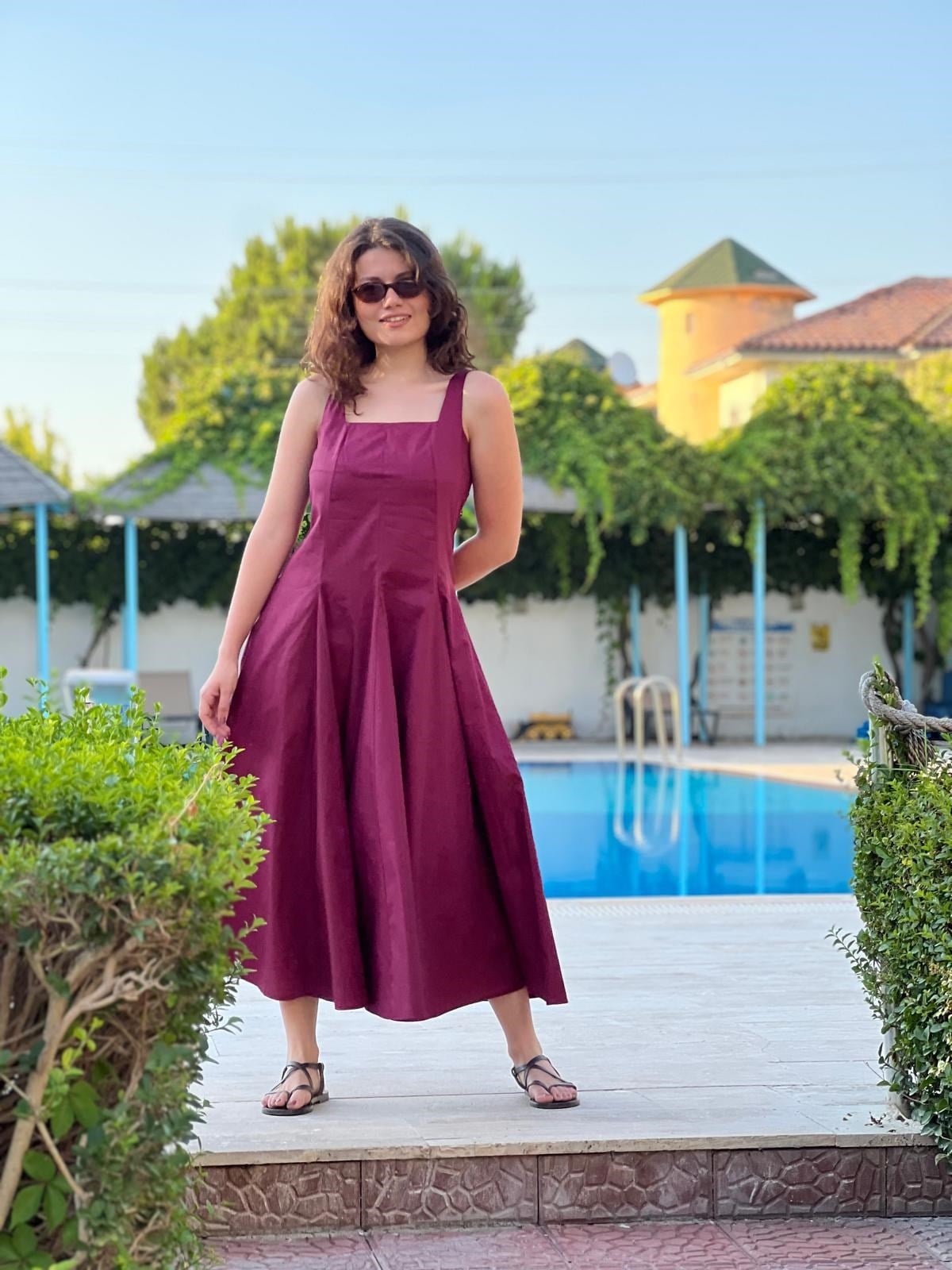 Kare Yaka Askılı Midi Elbise 90941 Bordo