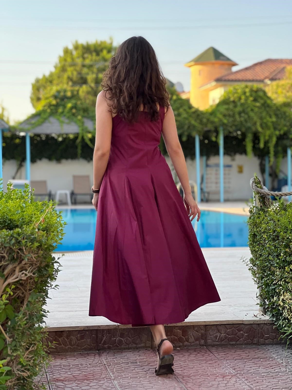Kare Yaka Askılı Midi Elbise 90941 Bordo