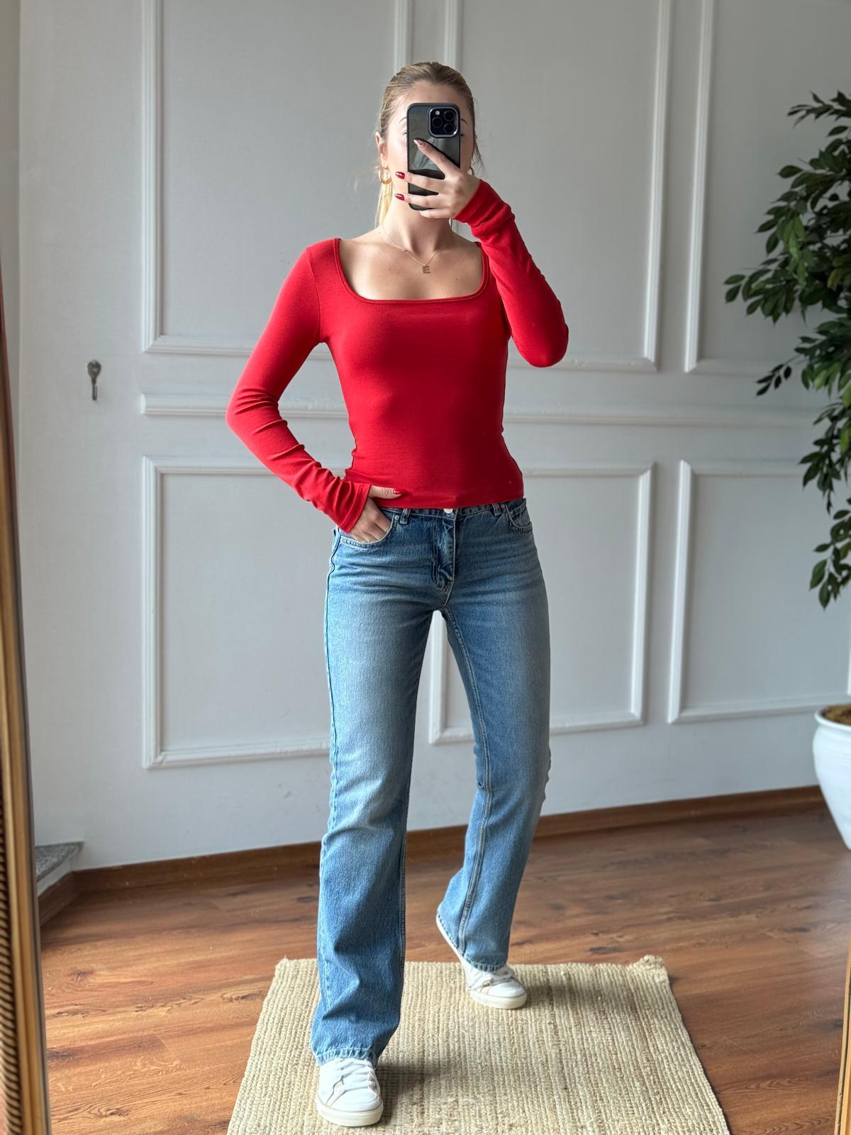 Kare Yaka Bluz 3924 Kırmızı