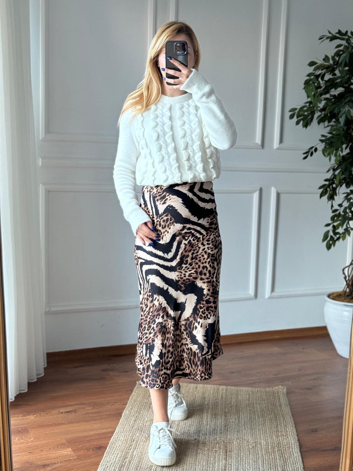 Karışık Leopar Desen Etek 24309 Camel