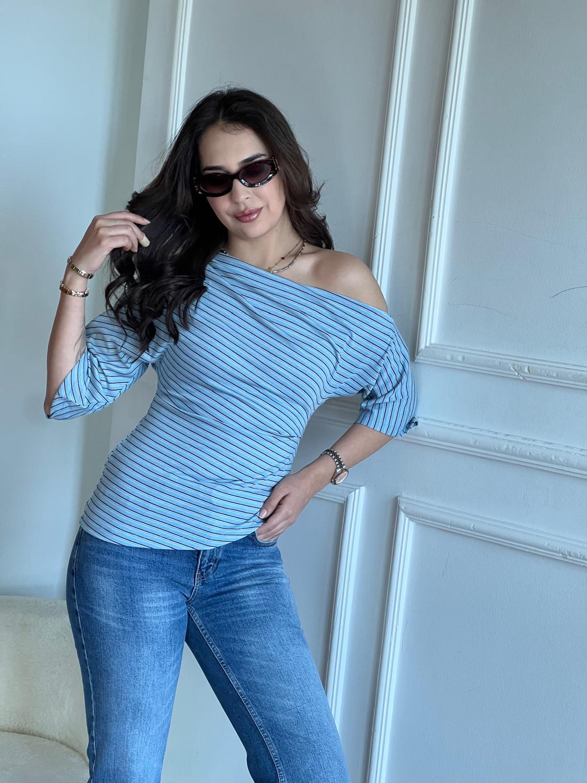 Kayık Yaka Asimetrik Top 26-2318 Mavi