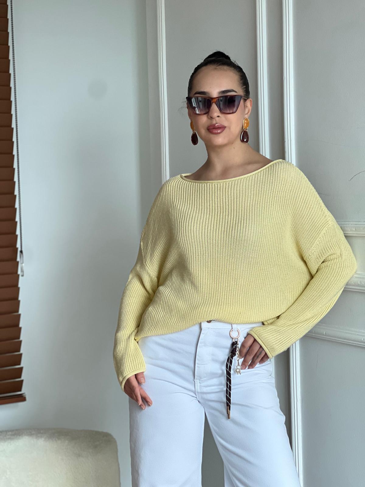 Kayık Yaka Basic Triko Kazak 10804 Açık Sarı