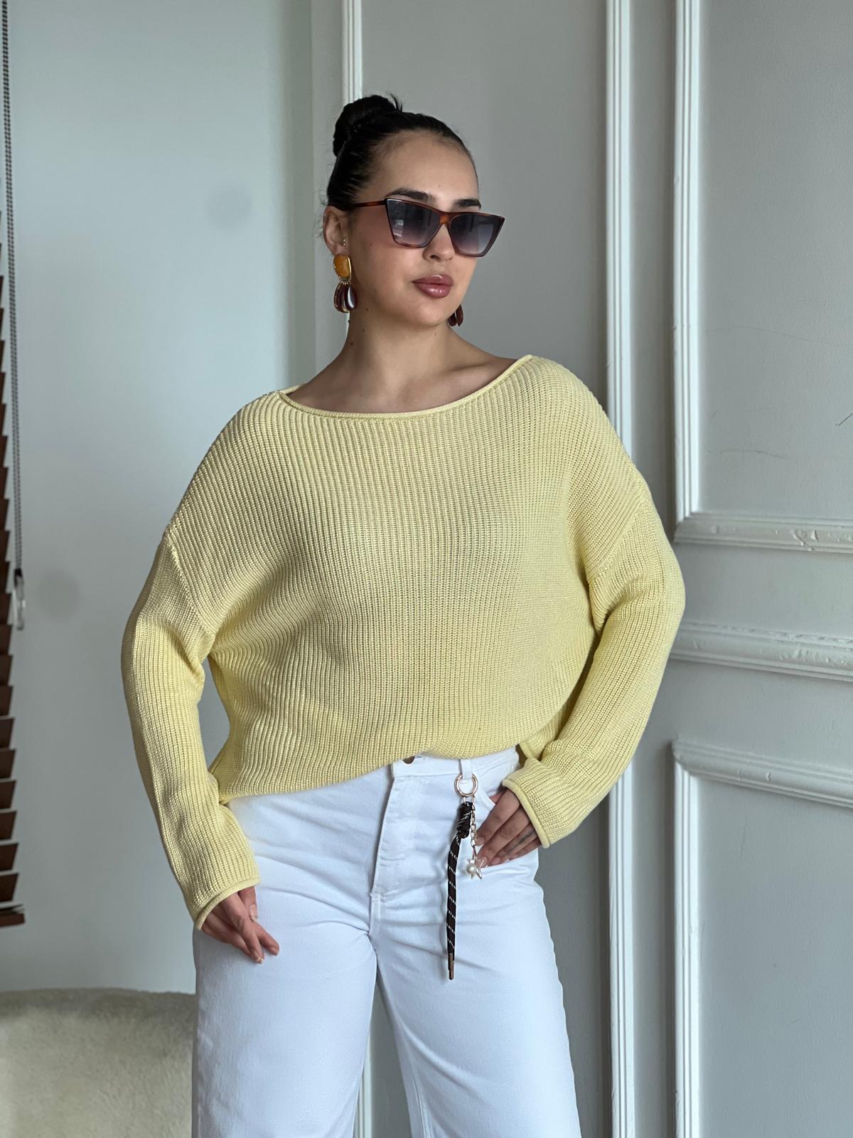 Kayık Yaka Basic Triko Kazak 10804 Açık Sarı