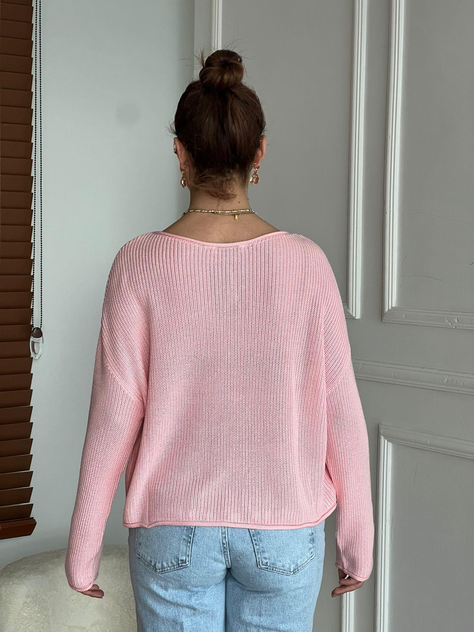 Kayık Yaka Basic Triko Kazak 10804 Açık Pembe