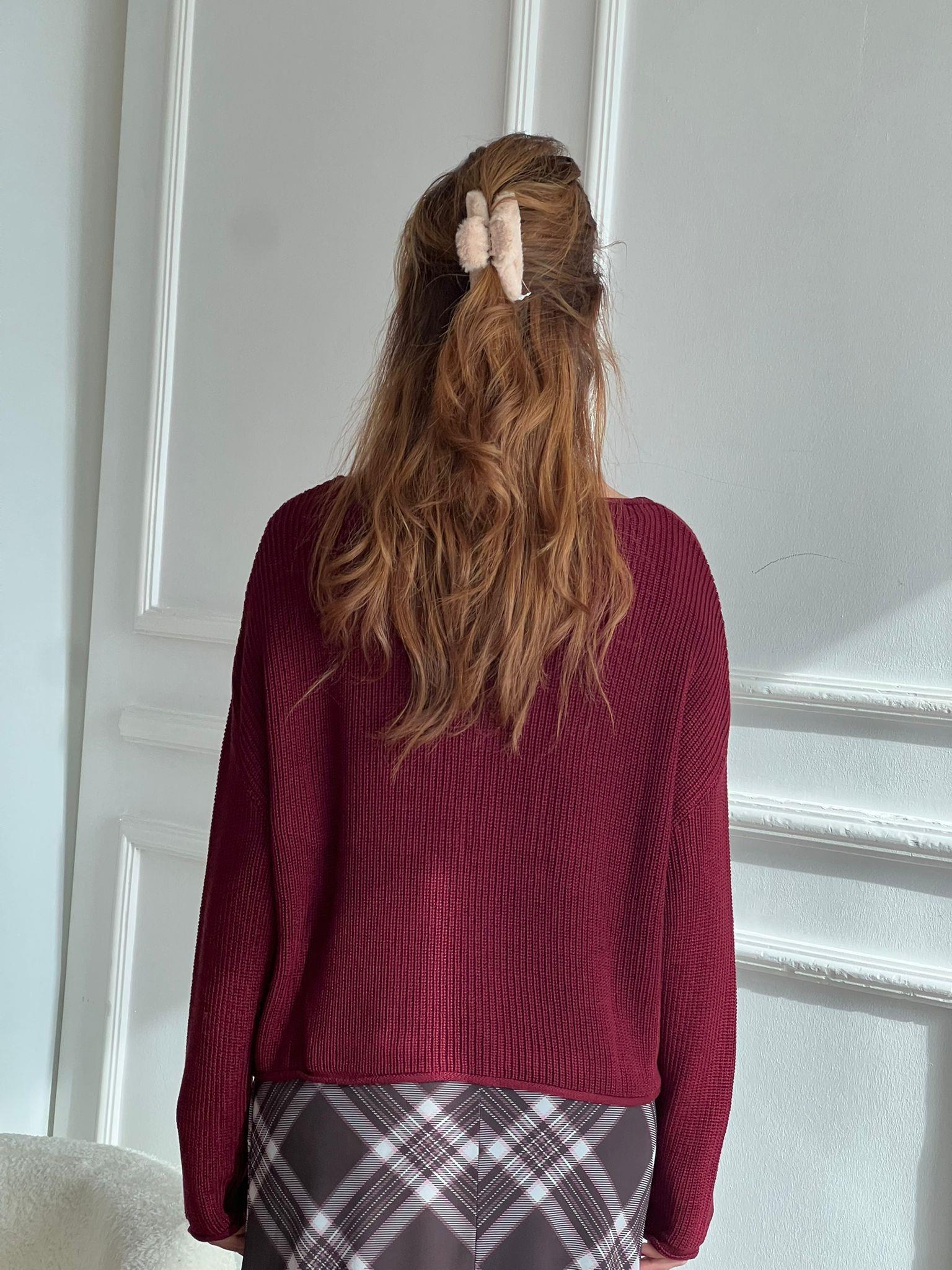 Kayık Yaka Basic Triko Kazak 10804 Bordo