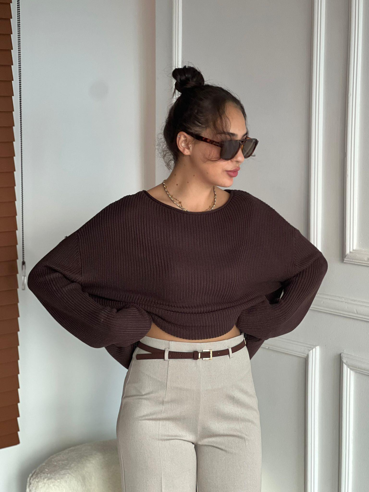 Kayık Yaka Basic Triko Kazak 10804 Koyu Kahve