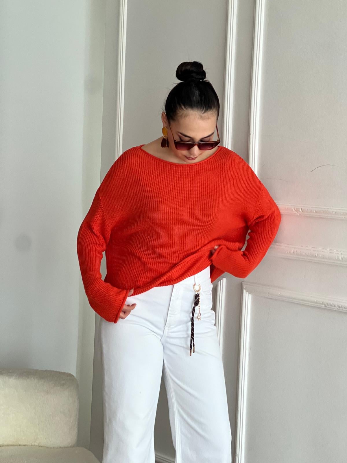 Kayık Yaka Basic Triko Kazak 10804 Oranj