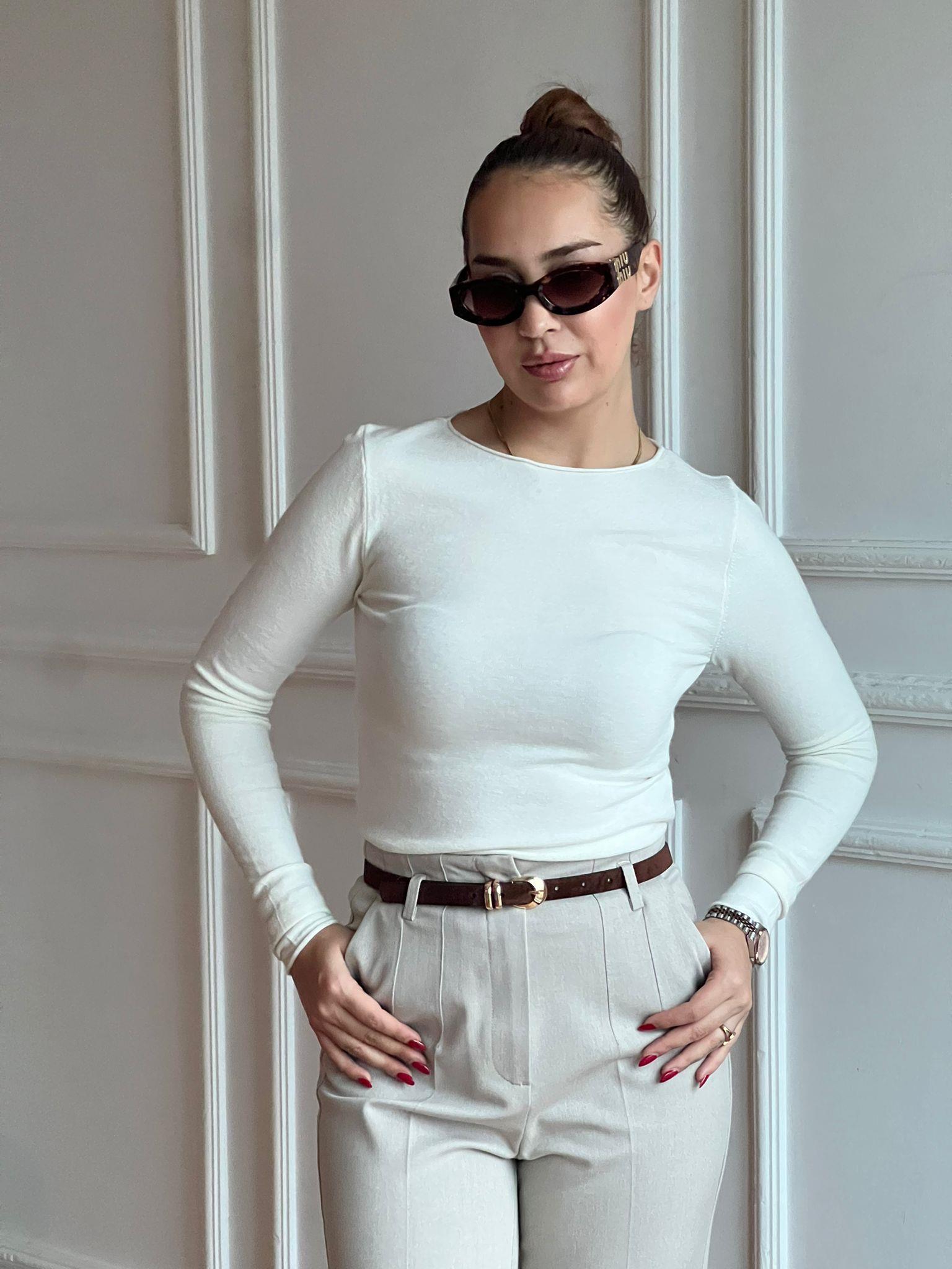 Kayık Yaka Kaşmirli Ultra Hafif Triko Kazak 10840 Ekru