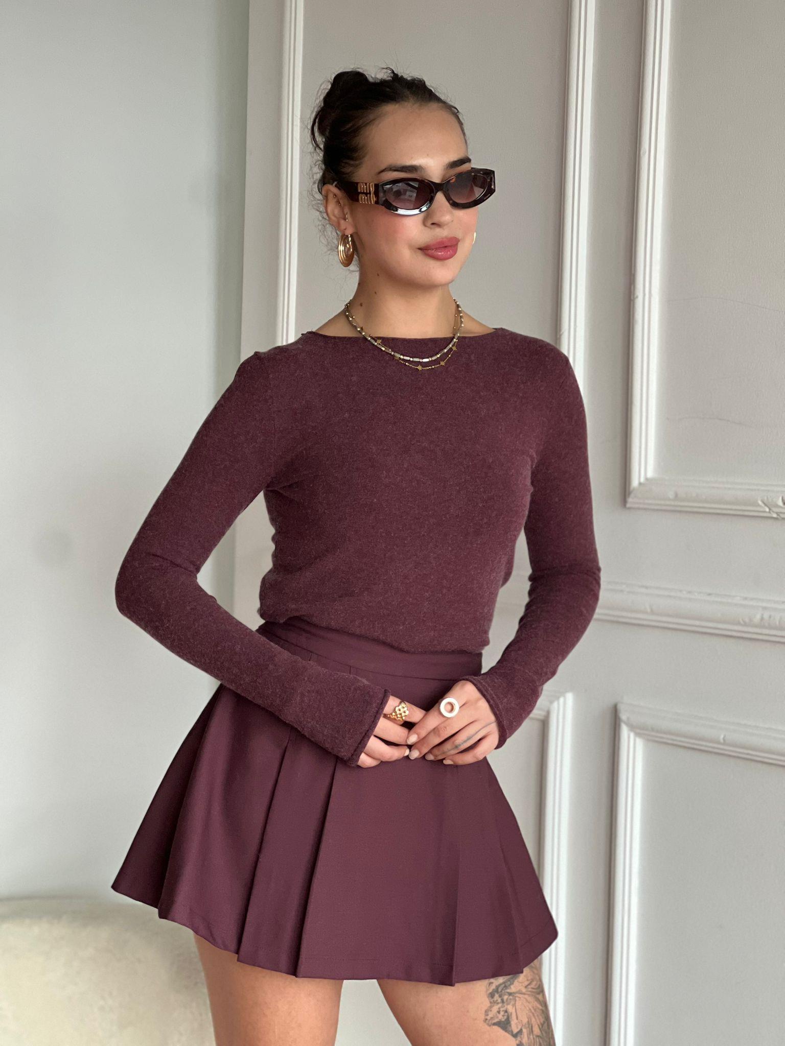 Kayık Yaka Kaşmirli Ultra Hafif Triko Kazak 10840 Bordo