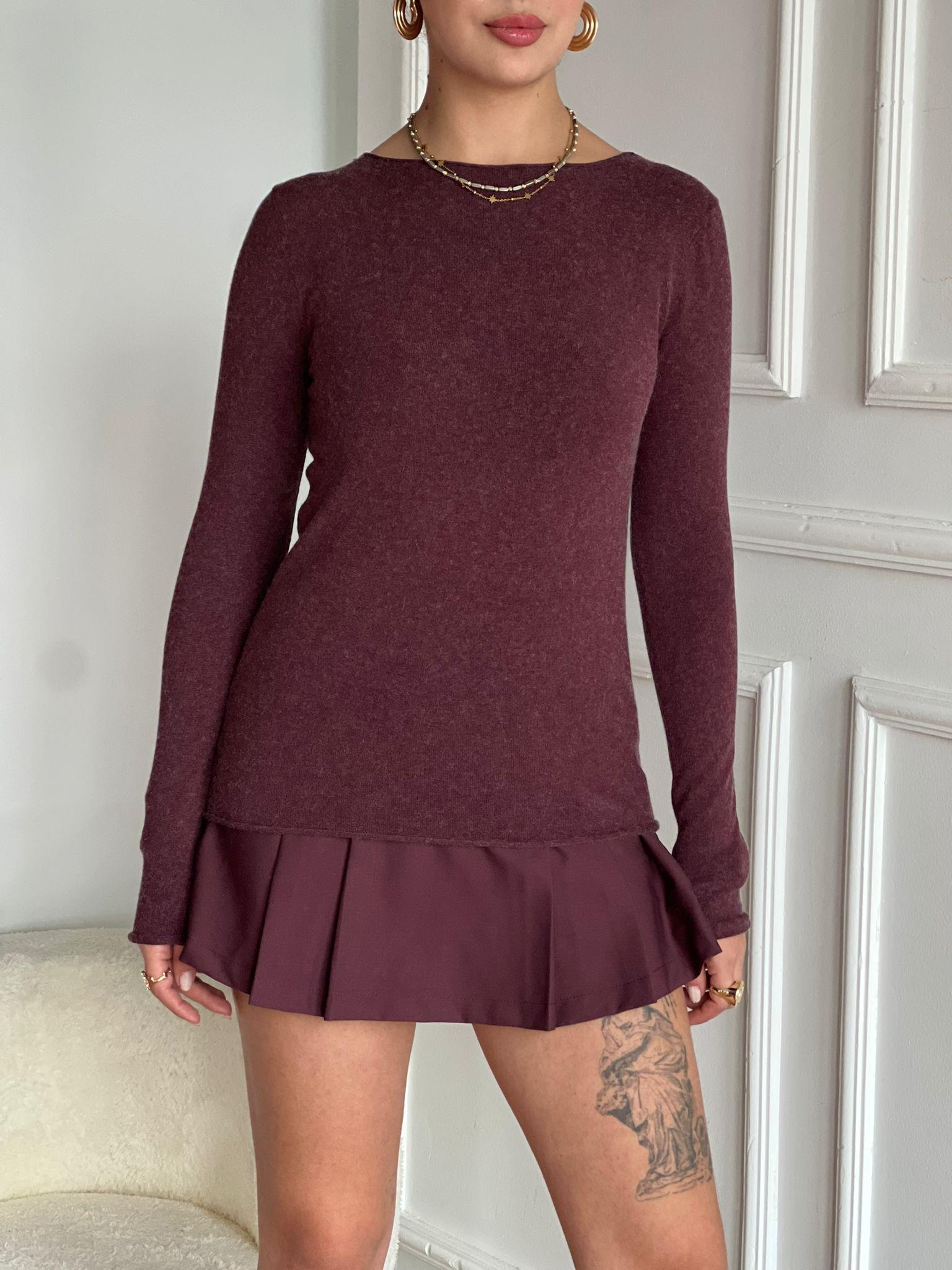 Kayık Yaka Kaşmirli Ultra Hafif Triko Kazak 10840 Bordo