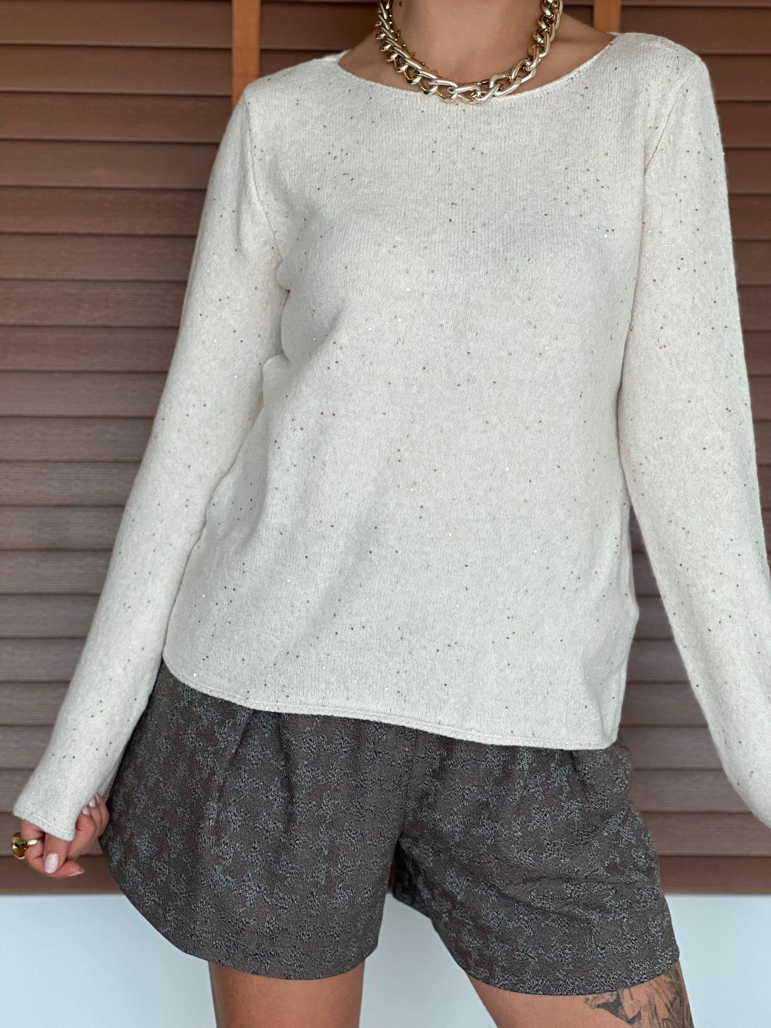 Kayık Yaka Pullu Simli Triko Kazak 10836 Krem