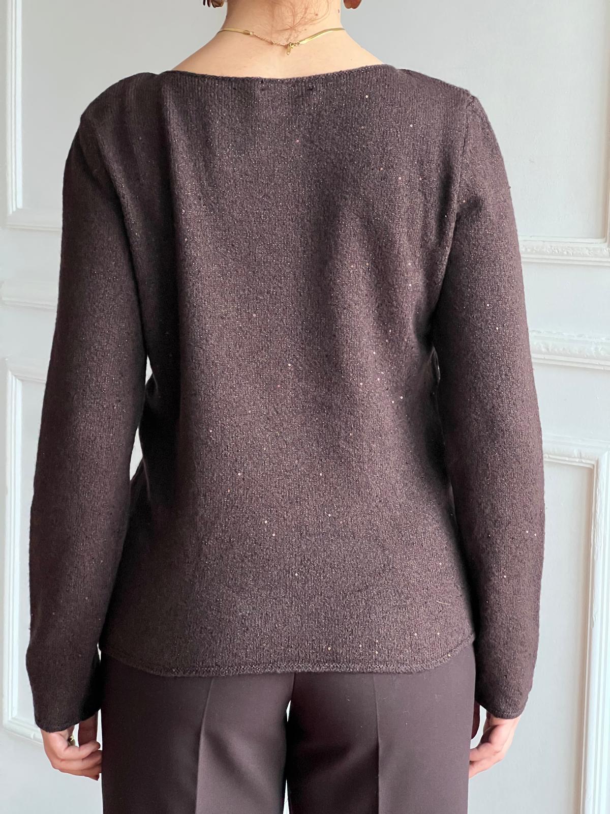 Kayık Yaka Pullu Simli Triko Kazak 10836 Kahverengi