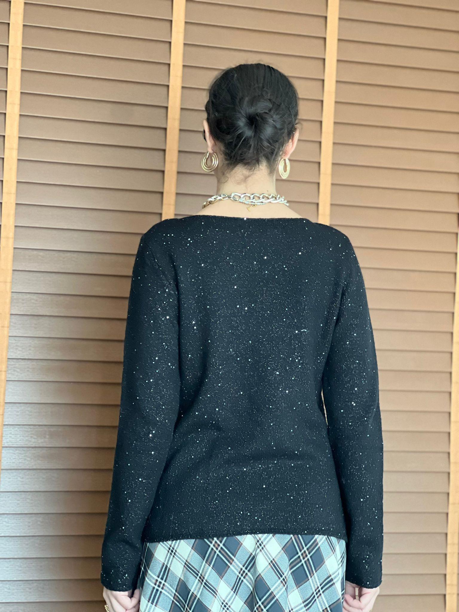 Kayık Yaka Pullu Simli Triko Kazak 10836 Siyah