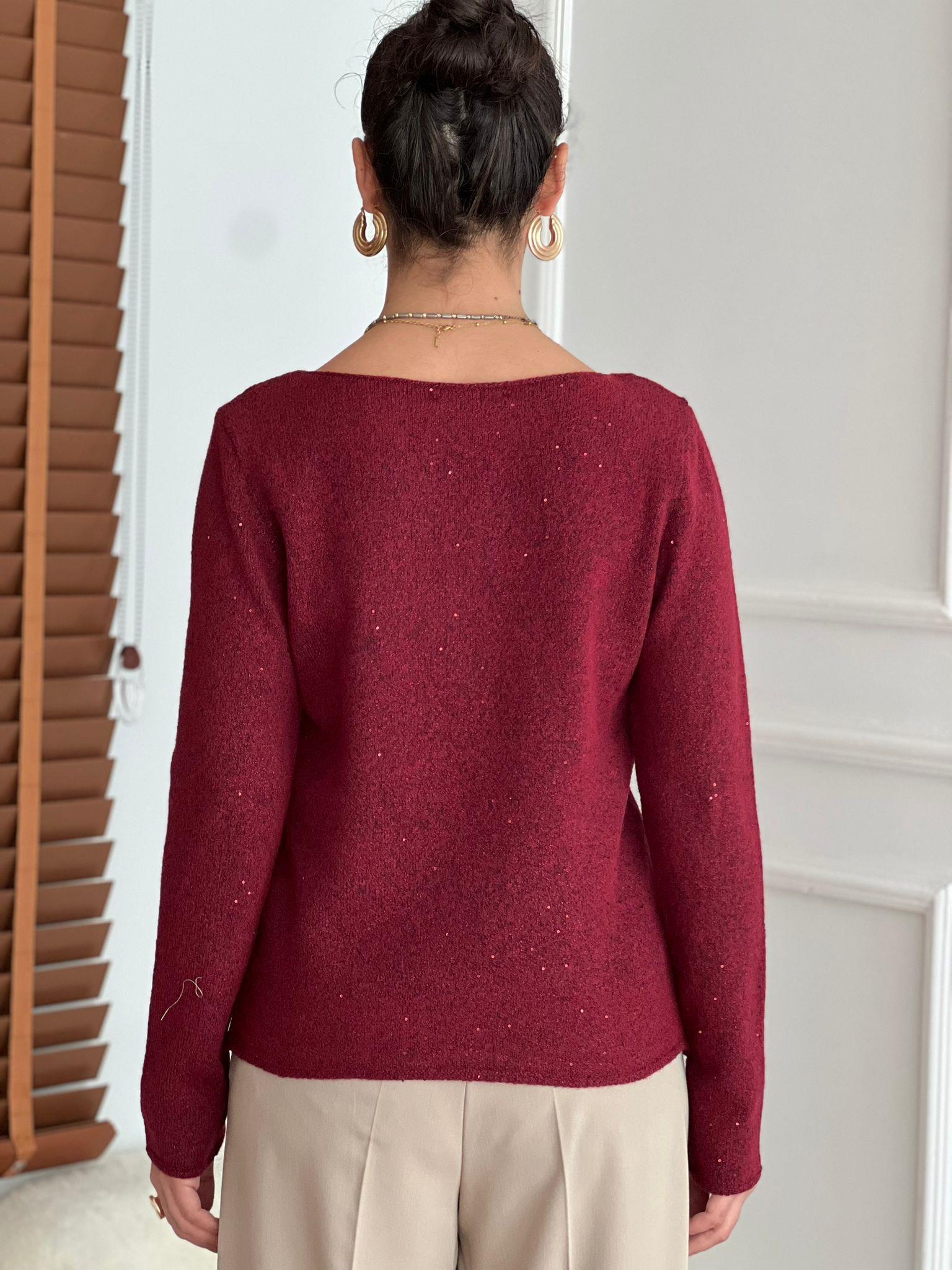 Kayık Yaka Pullu Simli Triko Kazak 10836 Bordo