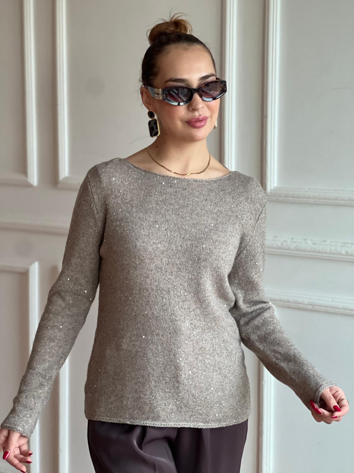 Kayık Yaka Pullu Simli Triko Kazak 10836 Açık Vizon