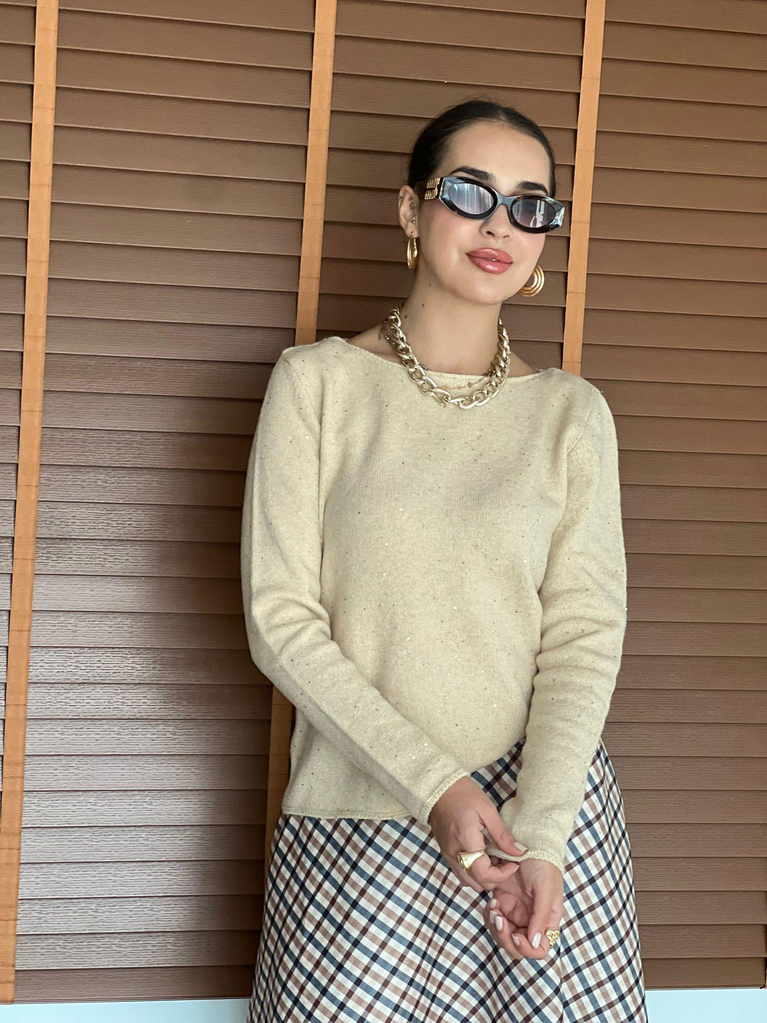 Kayık Yaka Pullu Simli Triko Kazak 10836 Bej