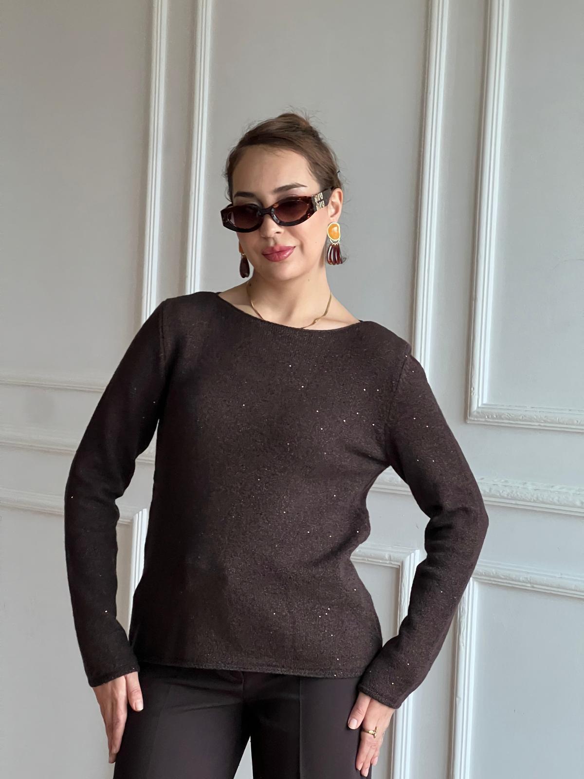 Kayık Yaka Pullu Simli Triko Kazak 10836 Kahverengi