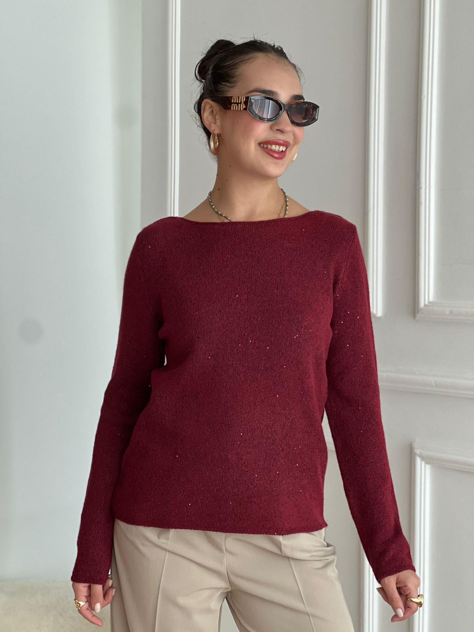 Kayık Yaka Pullu Simli Triko Kazak 10836 Bordo