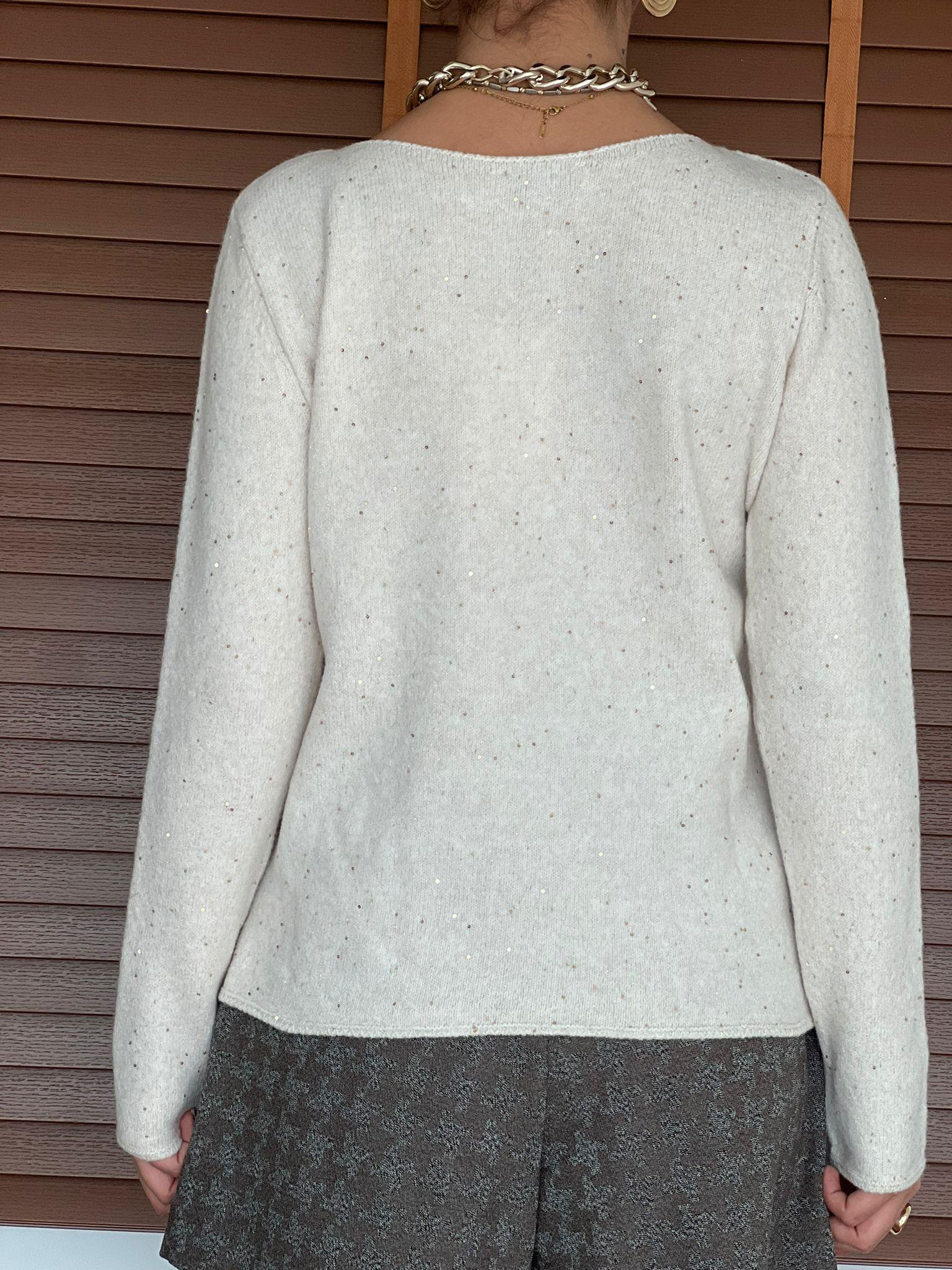 Kayık Yaka Pullu Simli Triko Kazak 10836 Krem