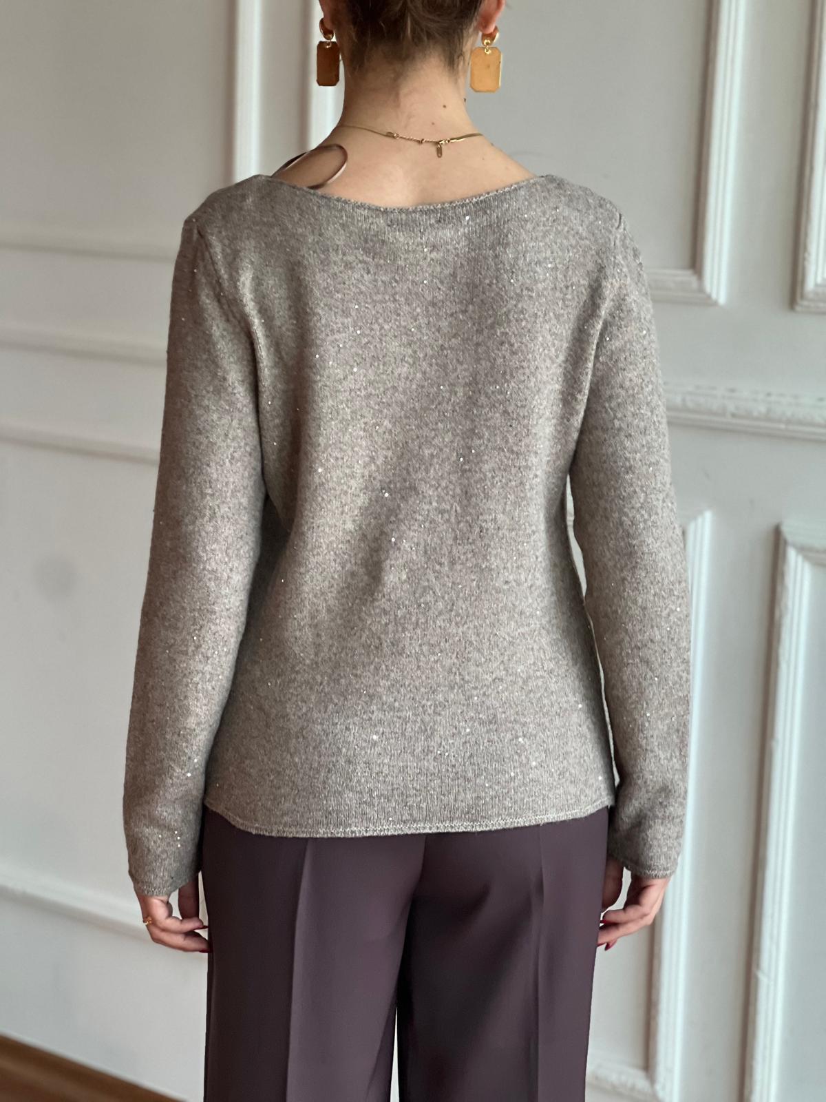 Kayık Yaka Pullu Simli Triko Kazak 10836 Açık Vizon