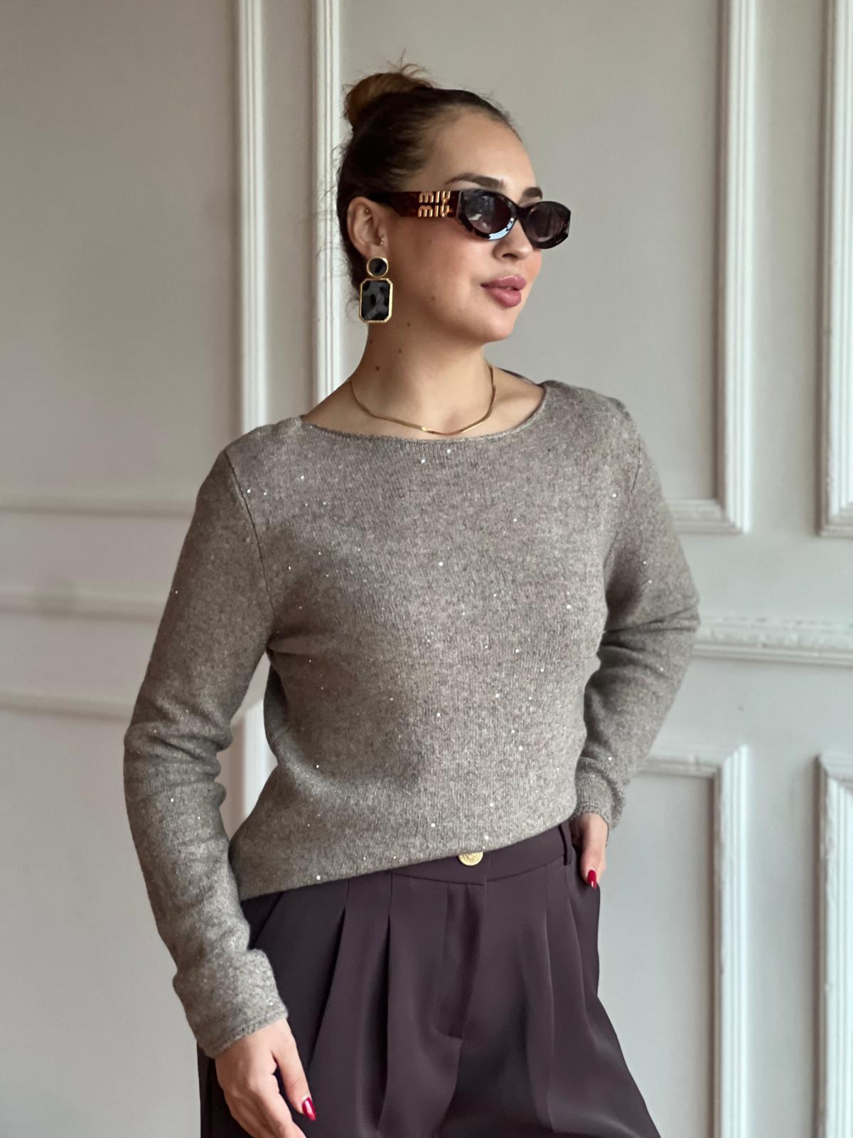 Kayık Yaka Pullu Simli Triko Kazak 10836 Açık Vizon