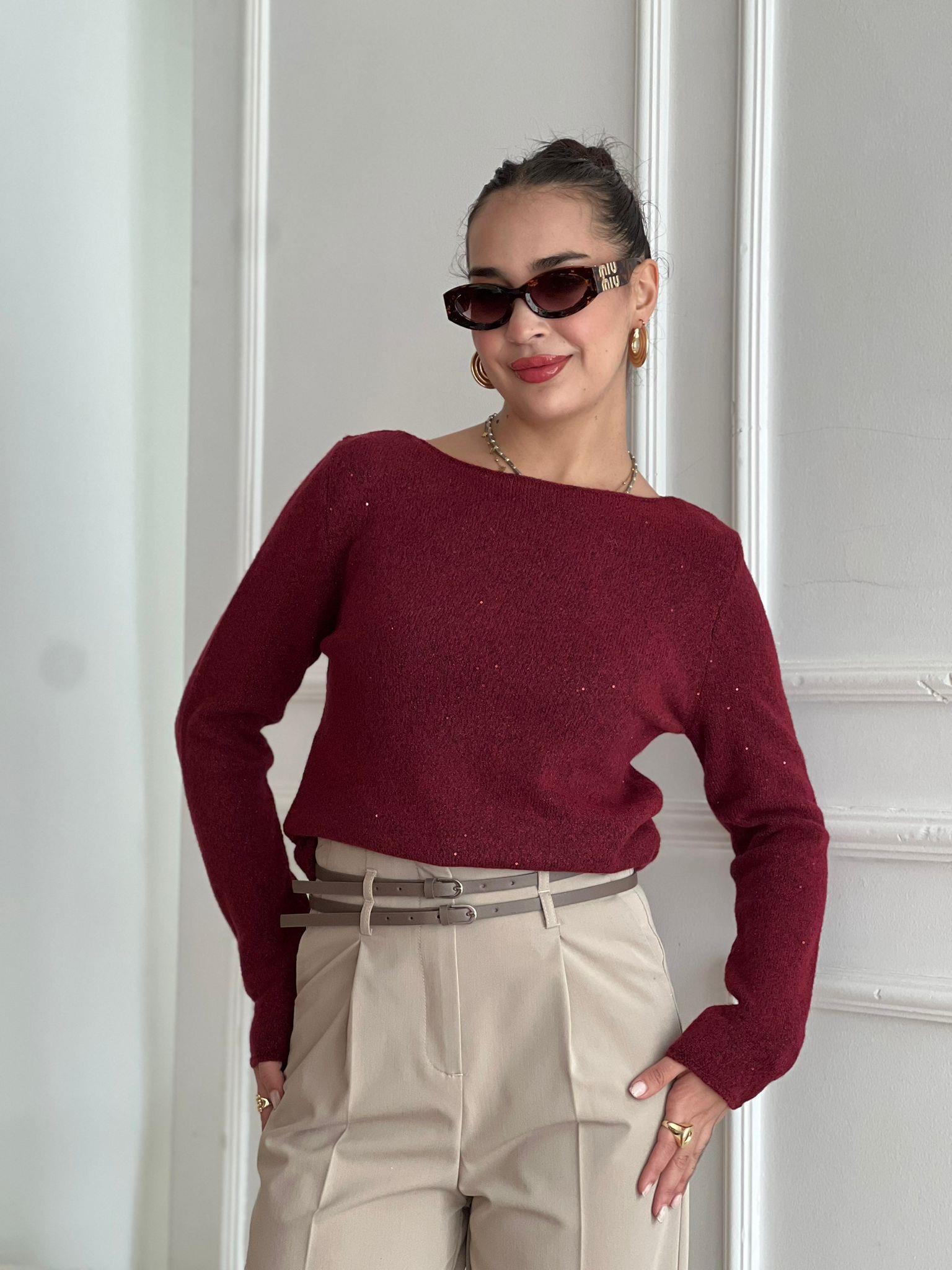 Kayık Yaka Pullu Simli Triko Kazak 10836 Bordo