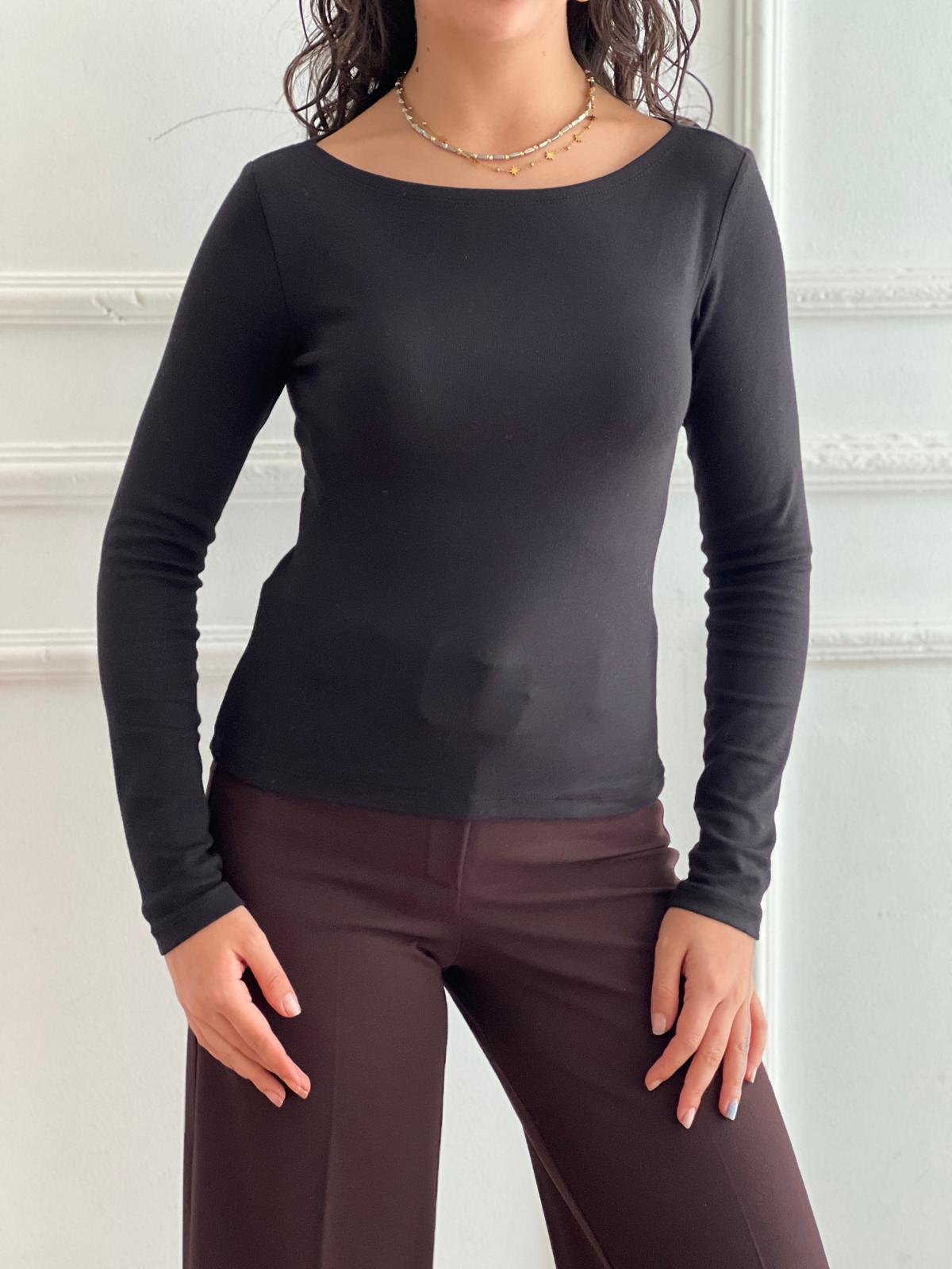 Kayık Yaka Uzun Kollu Bluz 31332 Siyah