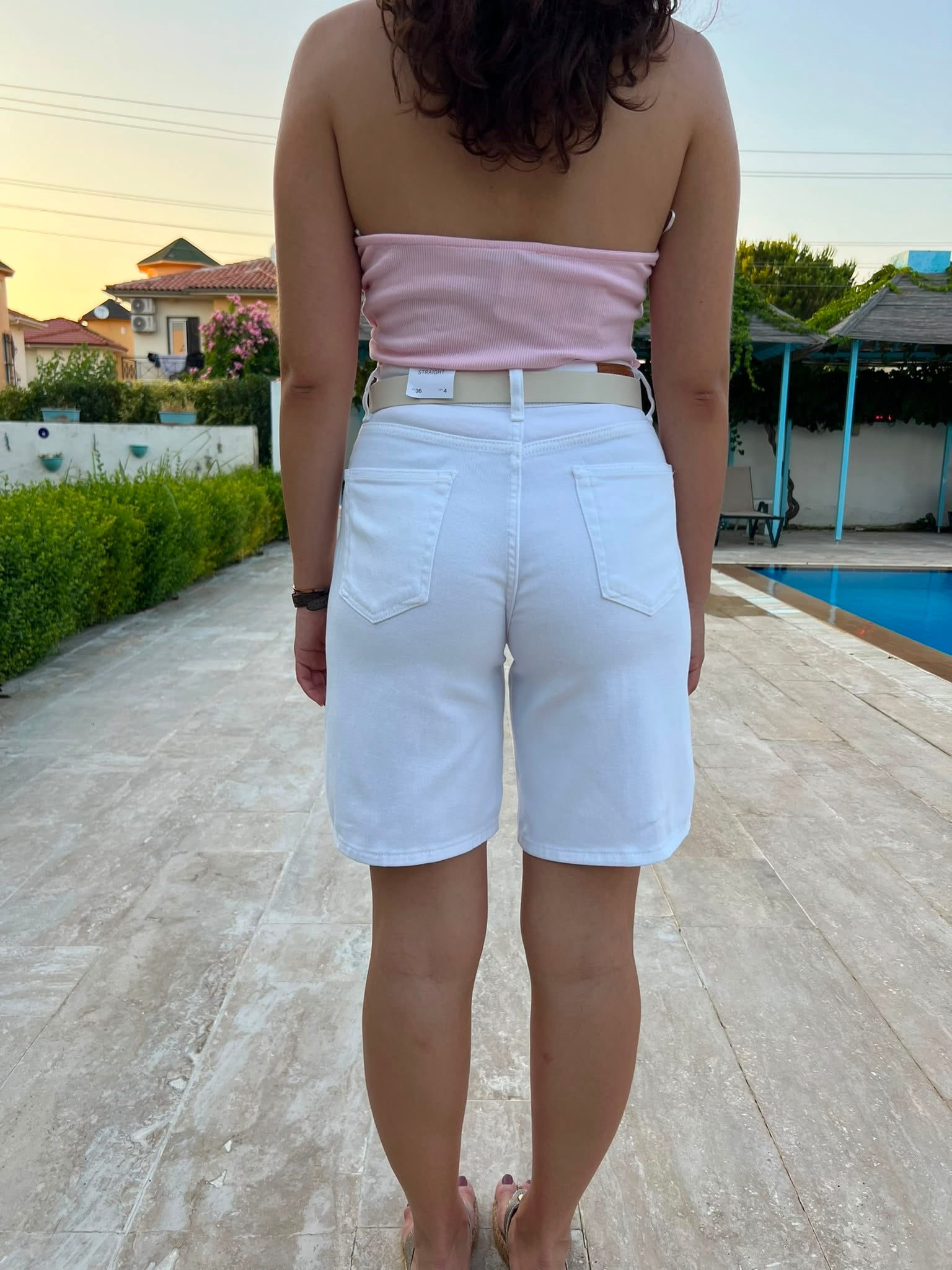 Kemerli Bermuda Kot Şort 1038 Beyaz