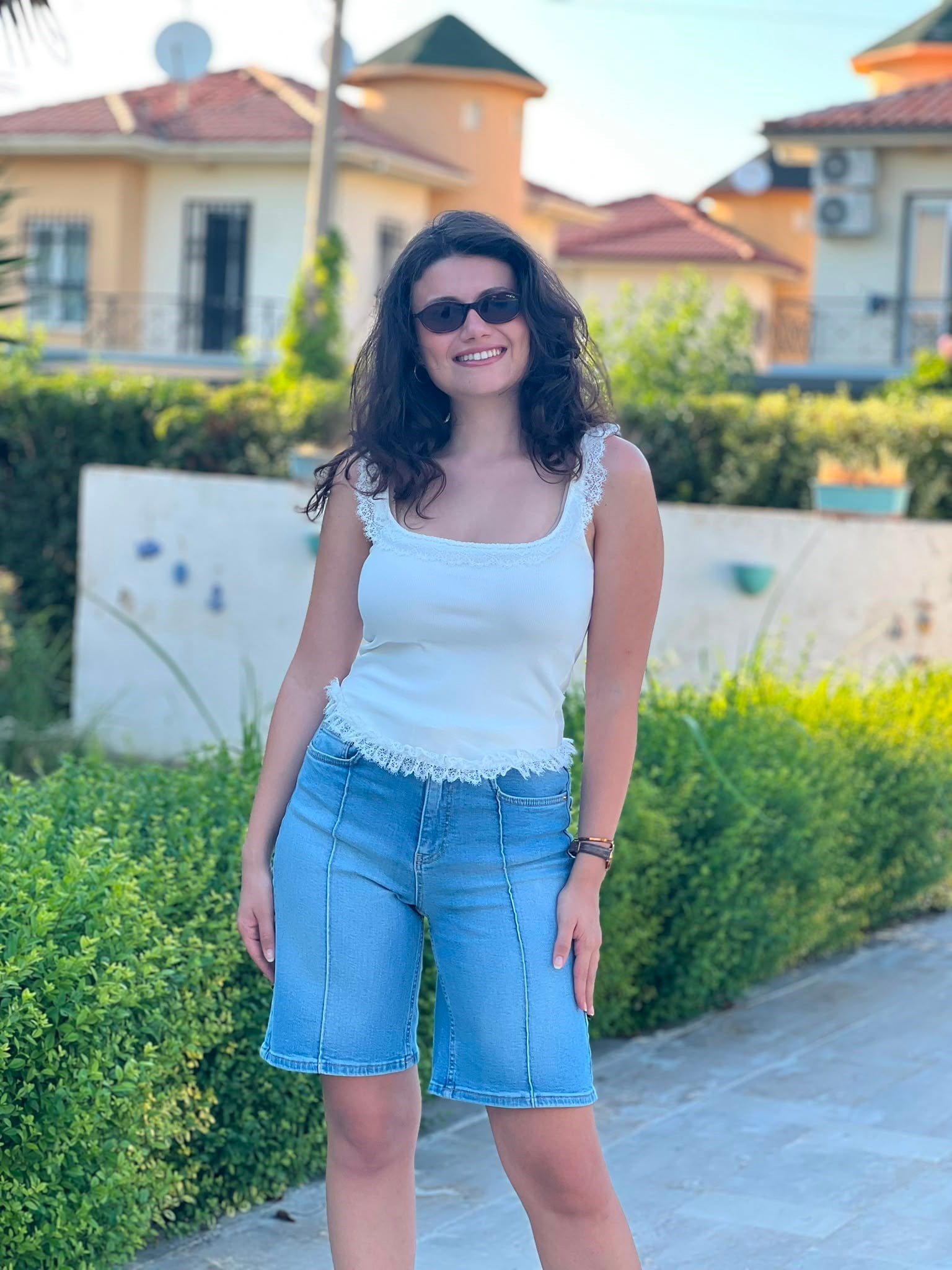 Kemerli Bermuda Kot Şort 1038 Mavi