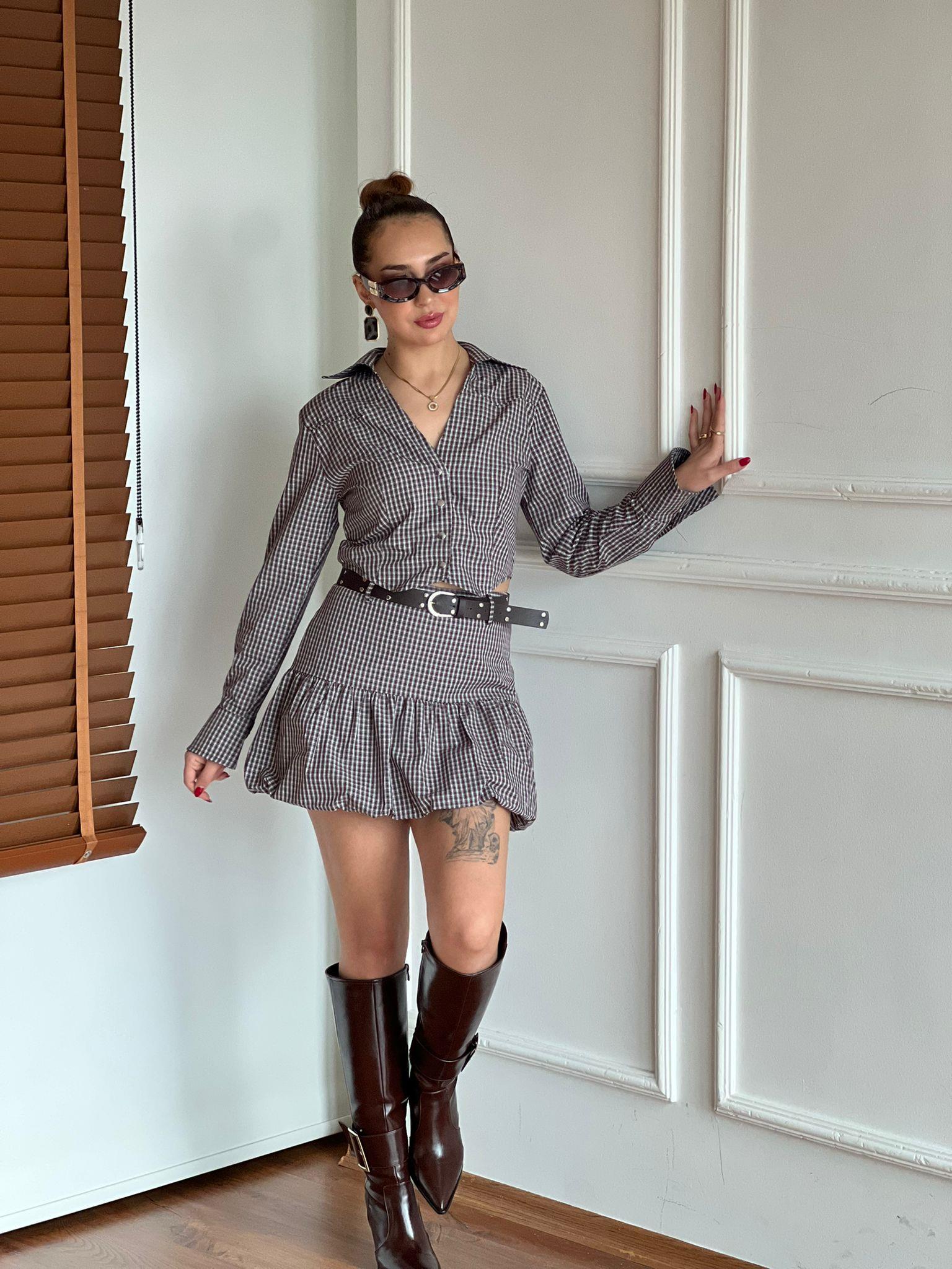 Kemerli Ekoseli Etek 37209 Kahverengi