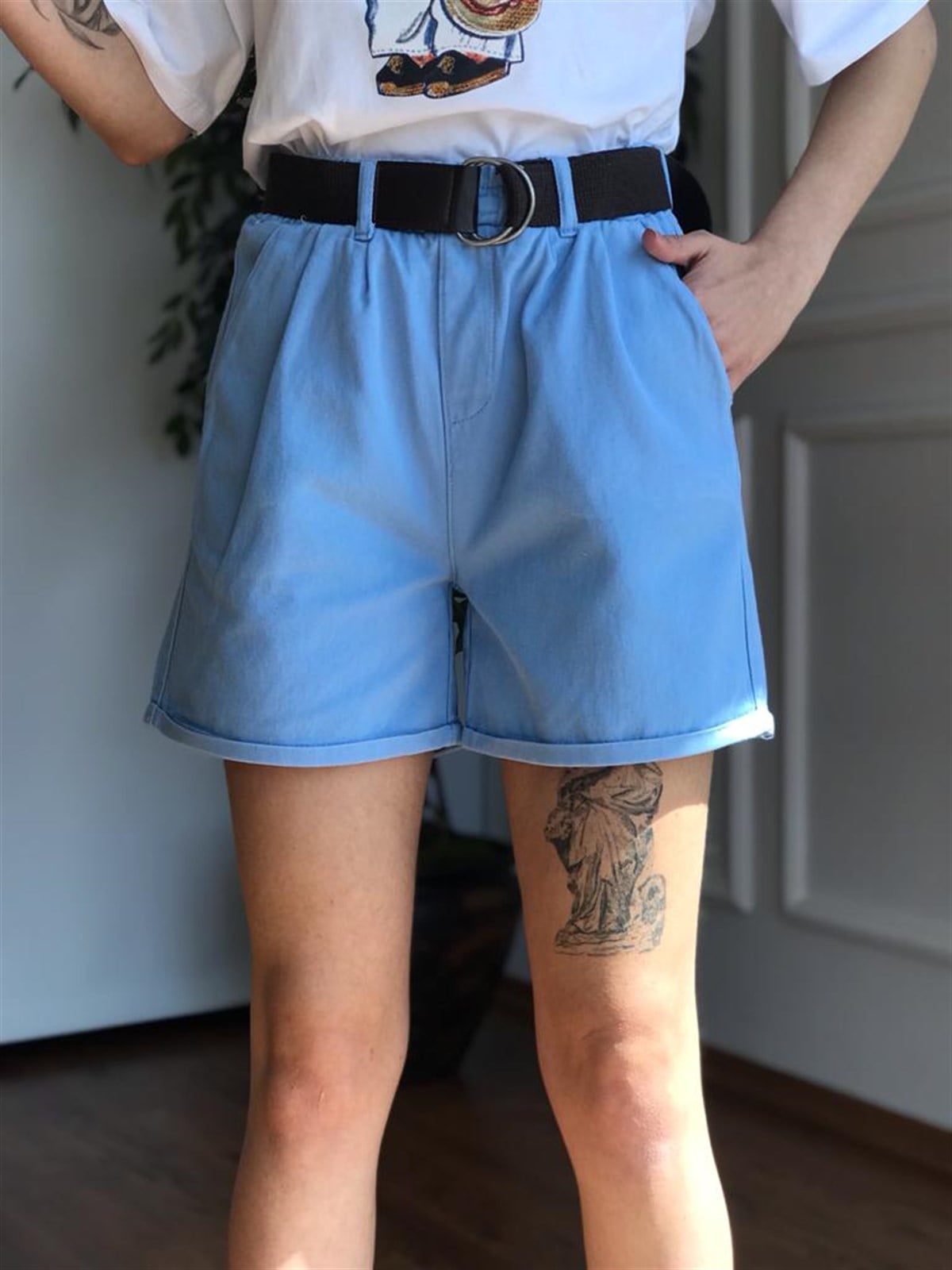 Kemerli Gabardin Şort 4824 Mavi