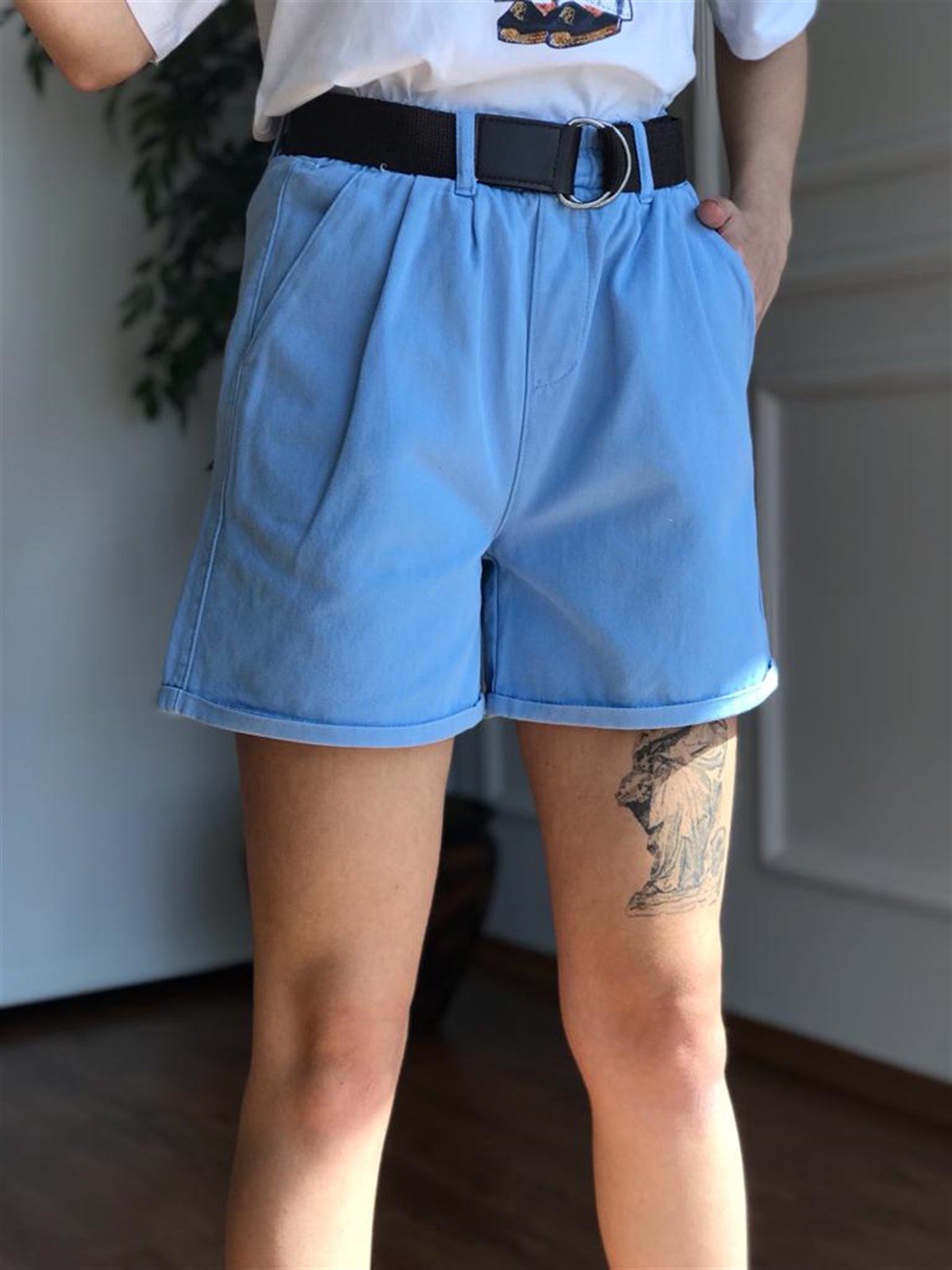Kemerli Gabardin Şort 4824 Mavi