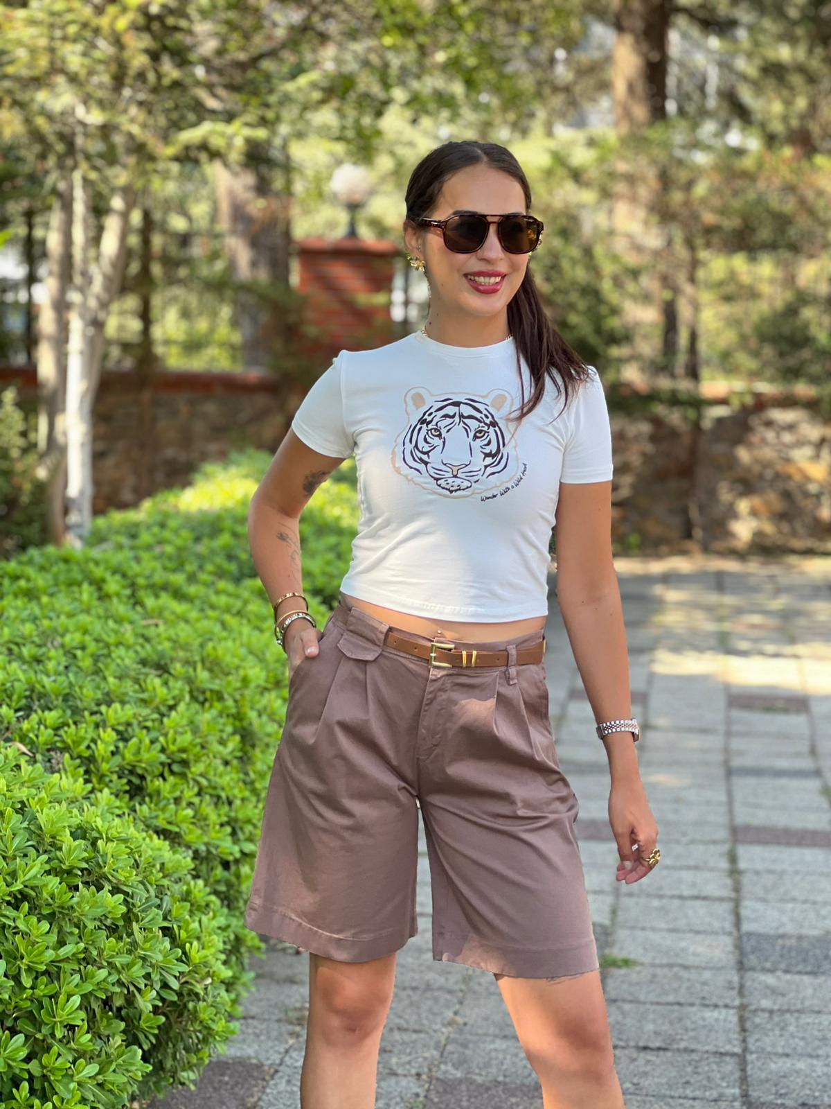 Kemerli Gabardin Şort 5439-6899 Kahverengi