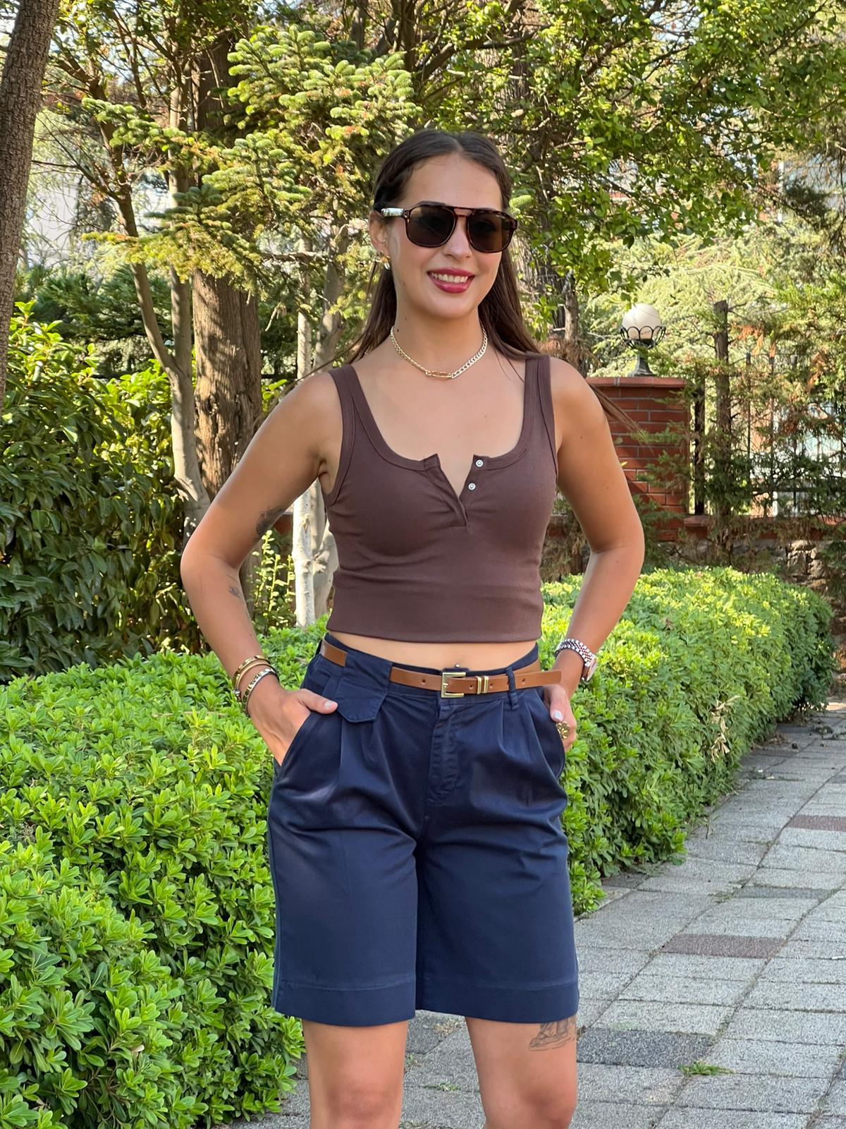 Kemerli Gabardin Şort 5439-6899 Lacivert