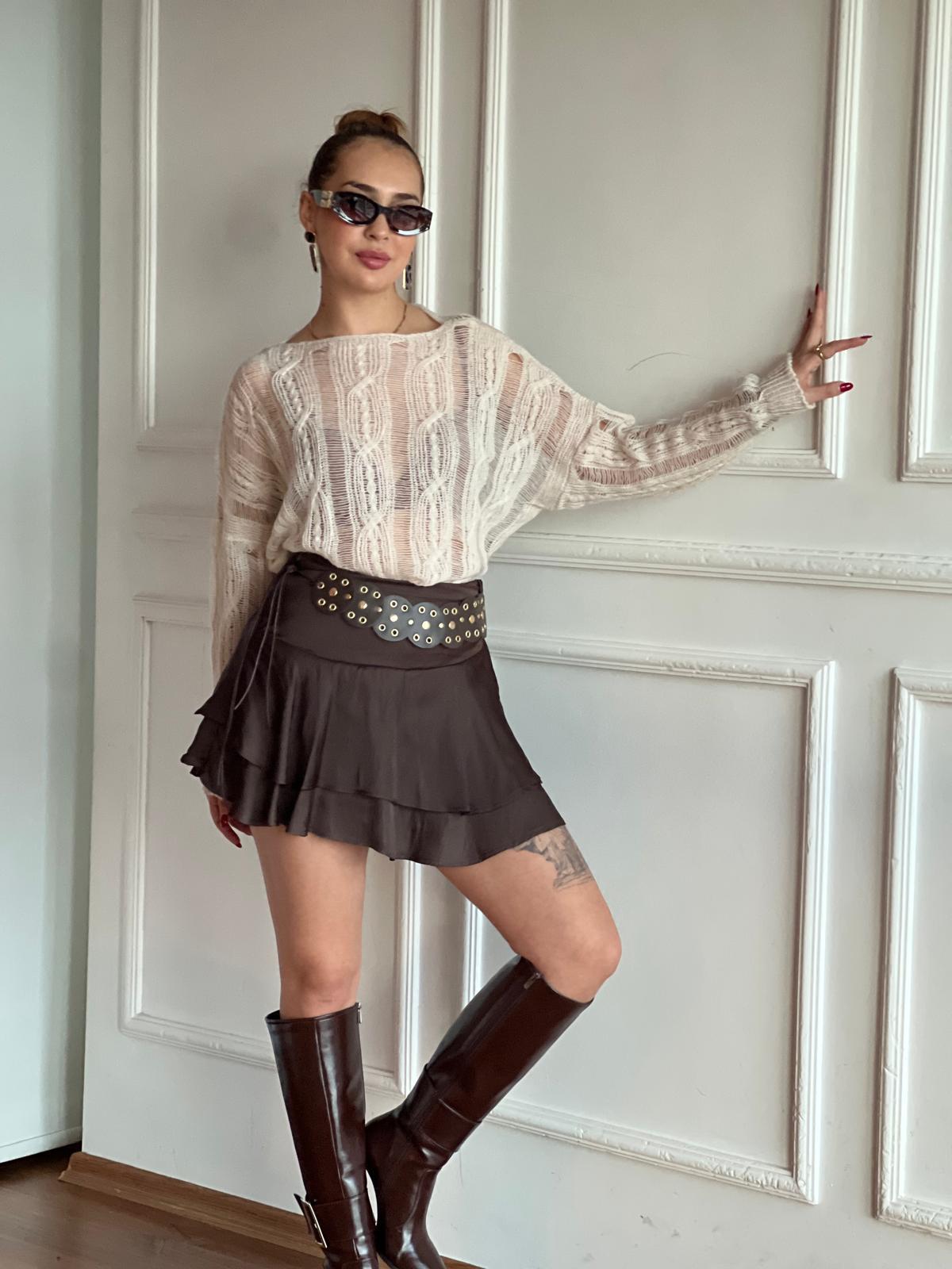 Kemerli İçi Şort Astarlı Etek 37212 Kahverengi