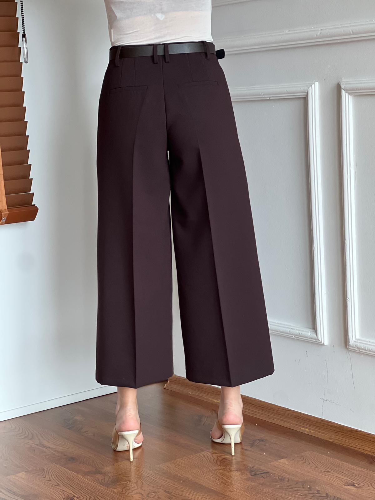 Kemerli Kısa Bol Paça Pantolon 17355 Koyu Kahve