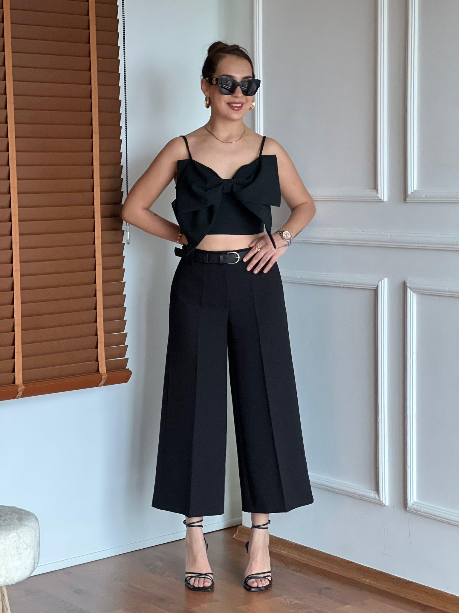 Kemerli Kısa Bol Paça Pantolon 17355 Siyah