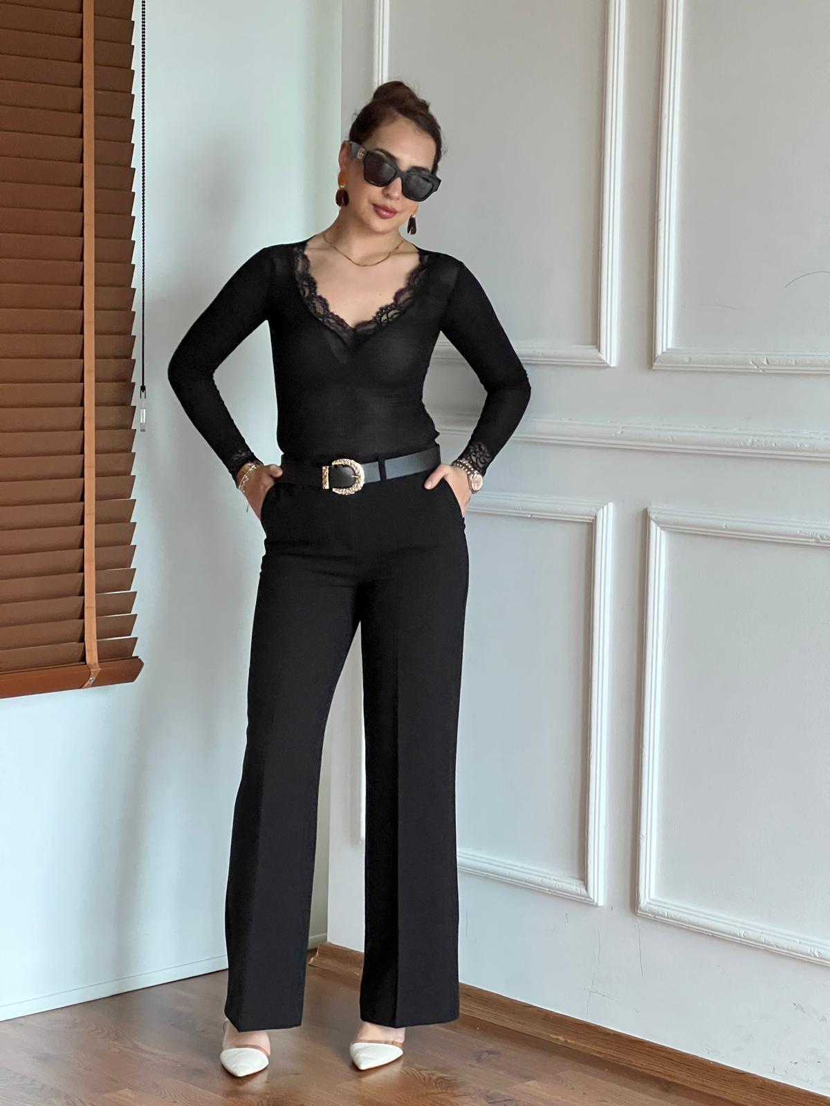 Kemerli Palazzo Pantolon 17038 Siyah