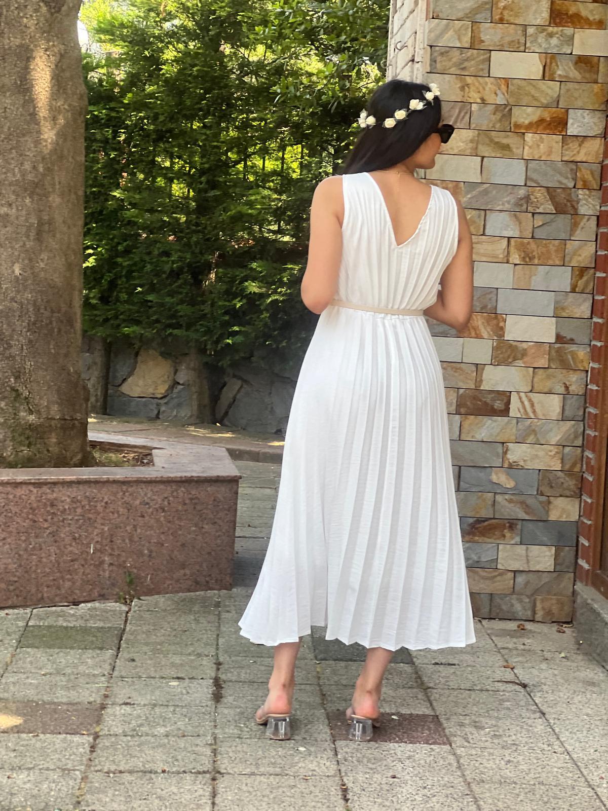 Kemerli Pliseli Elbise 6305 Beyaz
