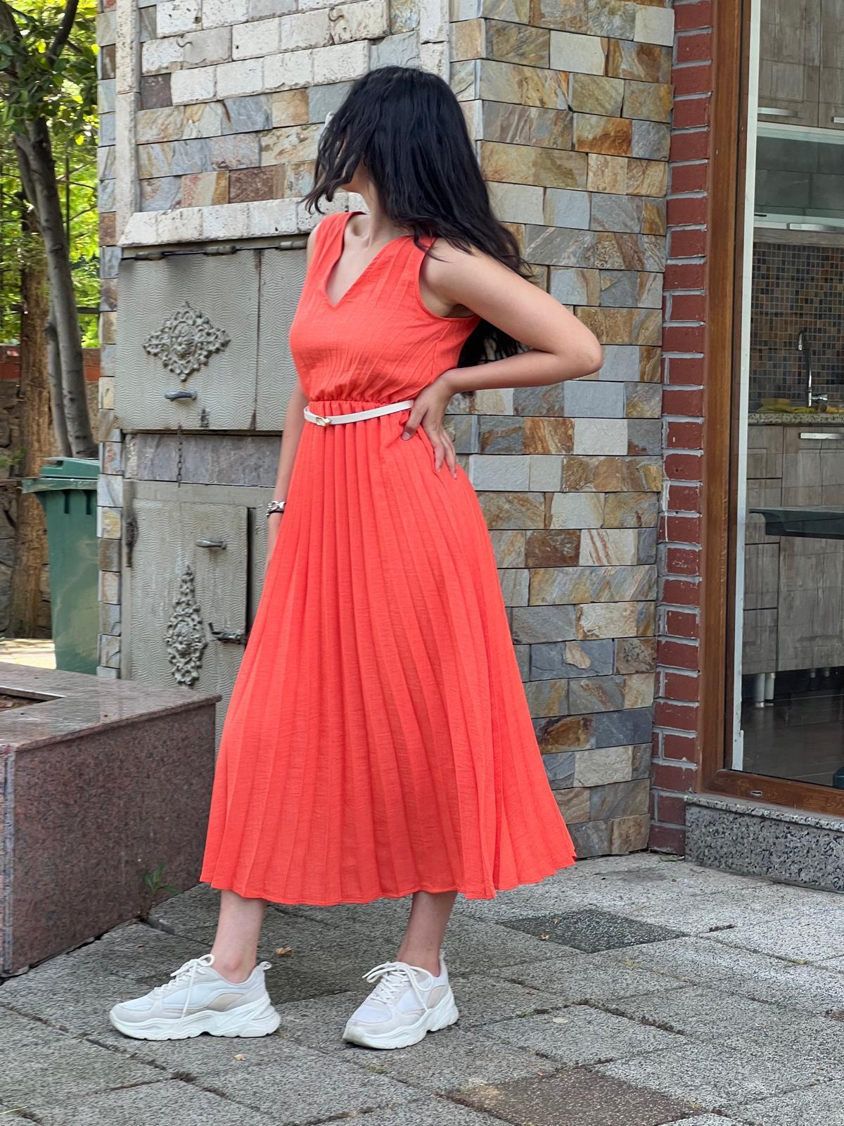 Kemerli Pliseli Elbise 6305 Oranj
