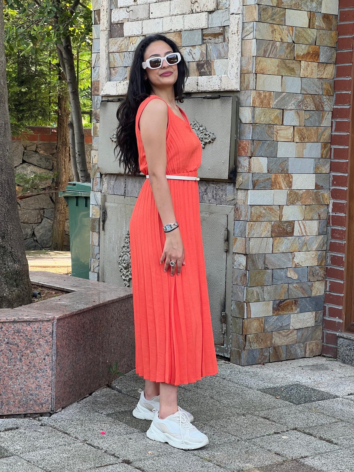 Kemerli Pliseli Elbise 6305 Oranj