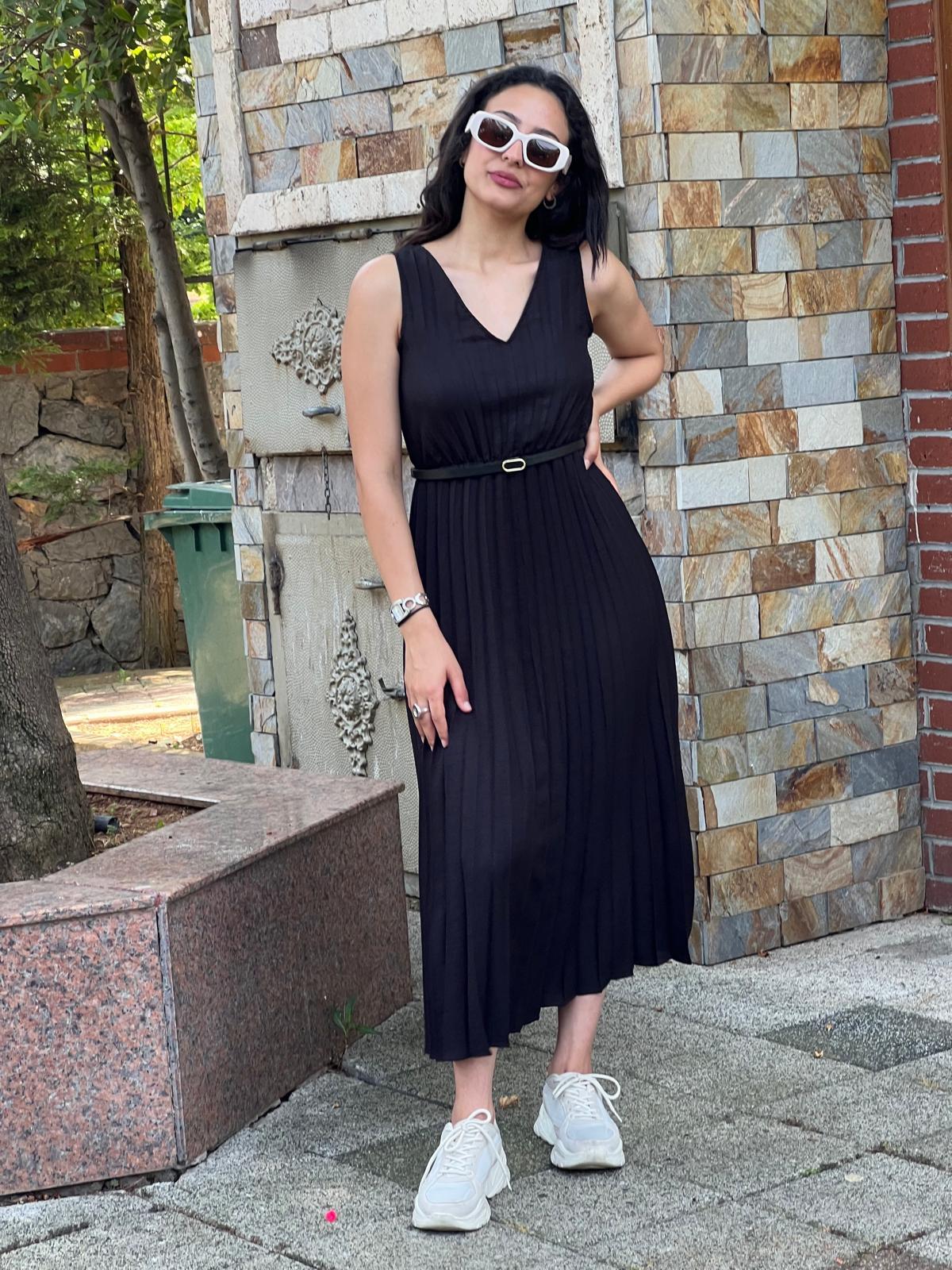 Kemerli Pliseli Elbise 6305 Siyah