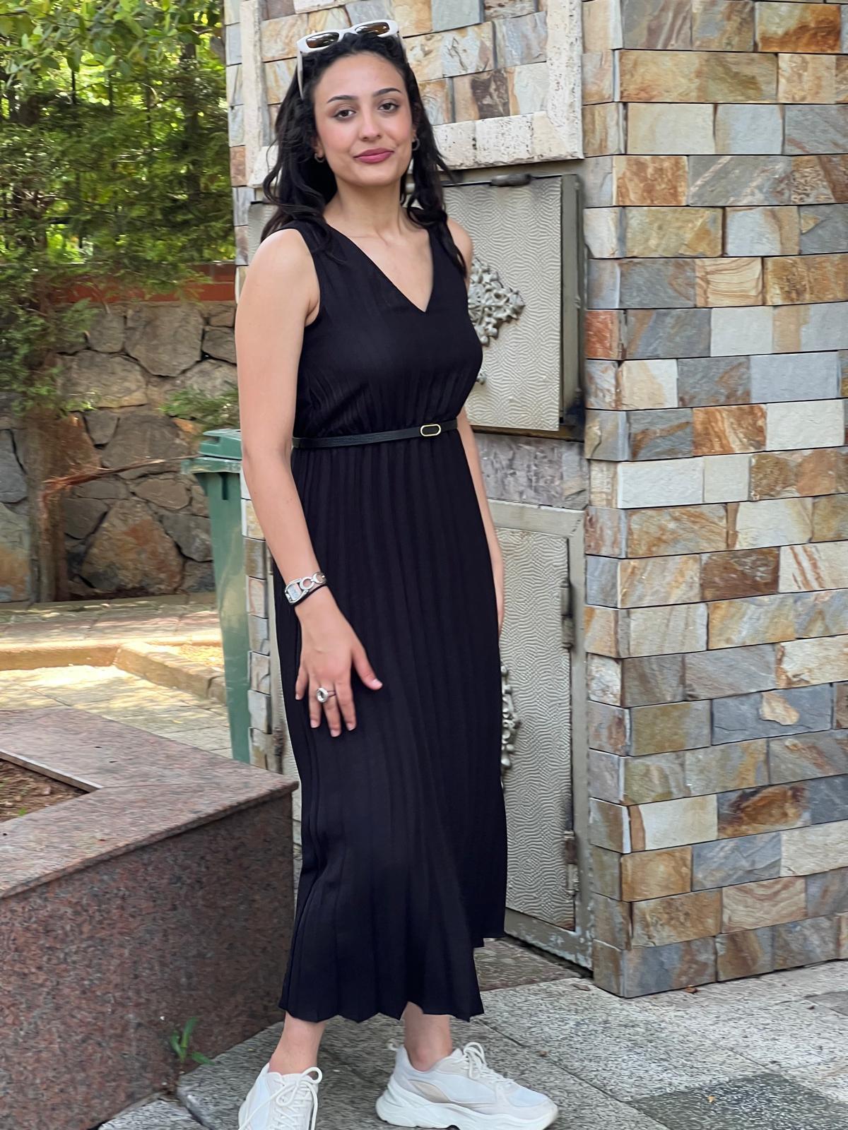 Kemerli Pliseli Elbise 6305 Siyah